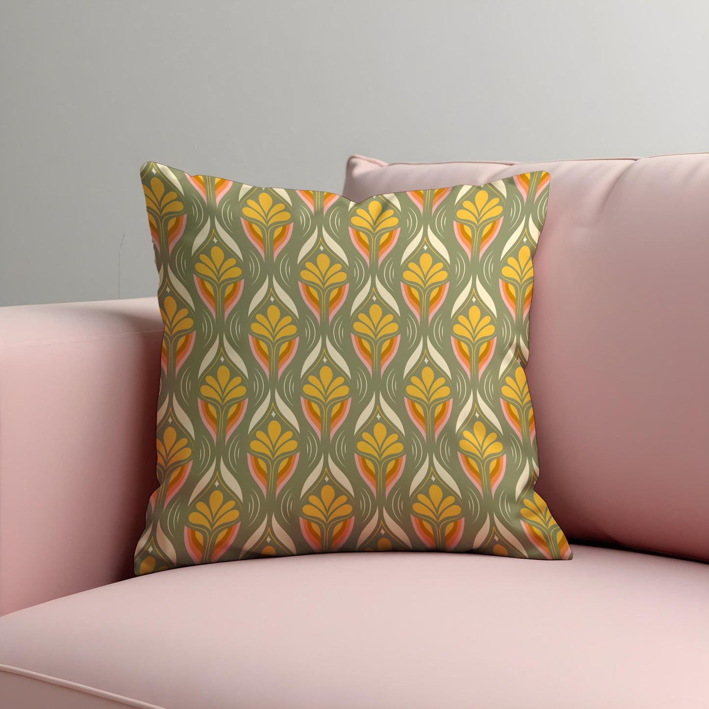 Retro Floral Cushion Cover, Olive & Mustard Art Nouveau Pillow Cover