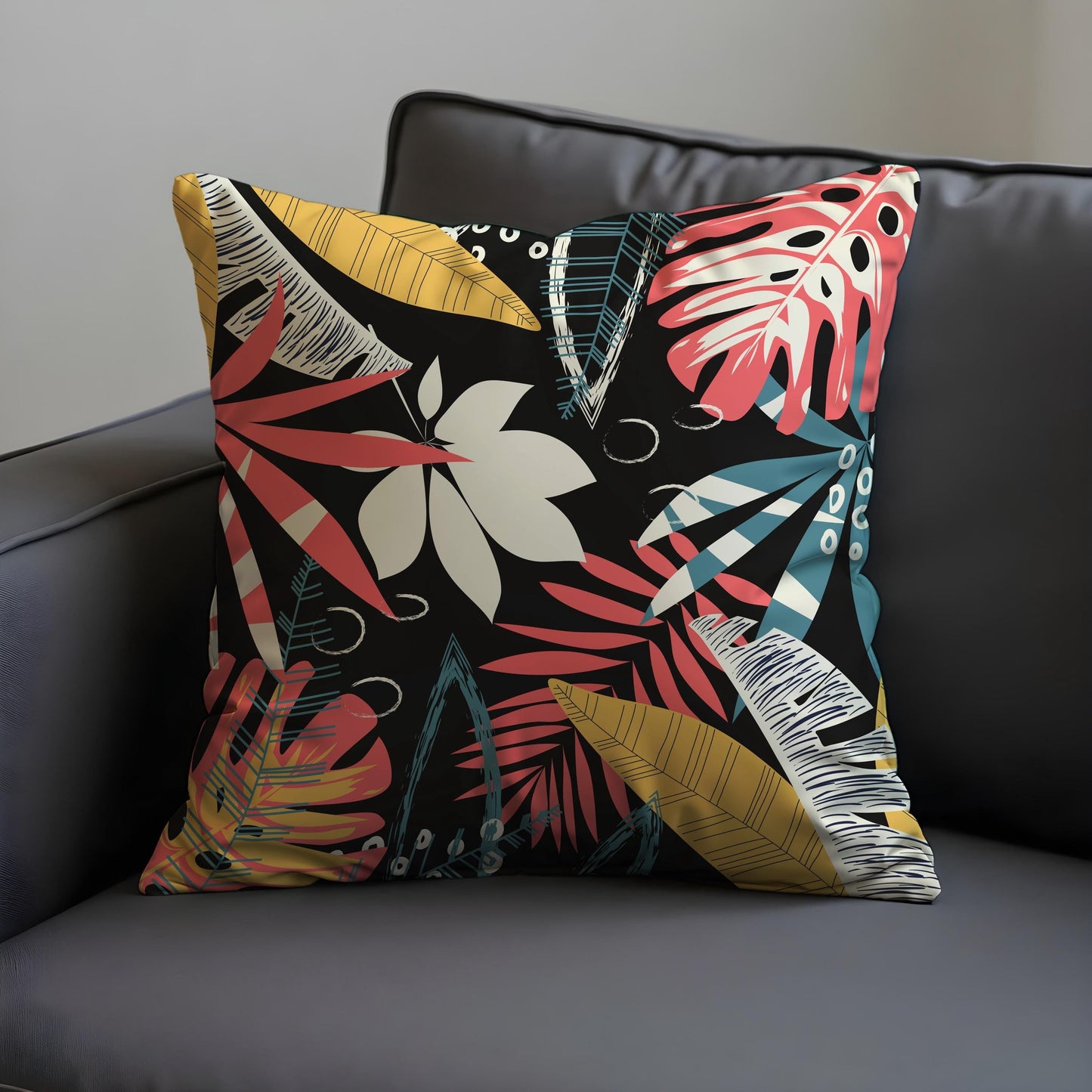 Tropical Jungle Cushion Cover, Bold Colorful Leaf Print Pillow Cover