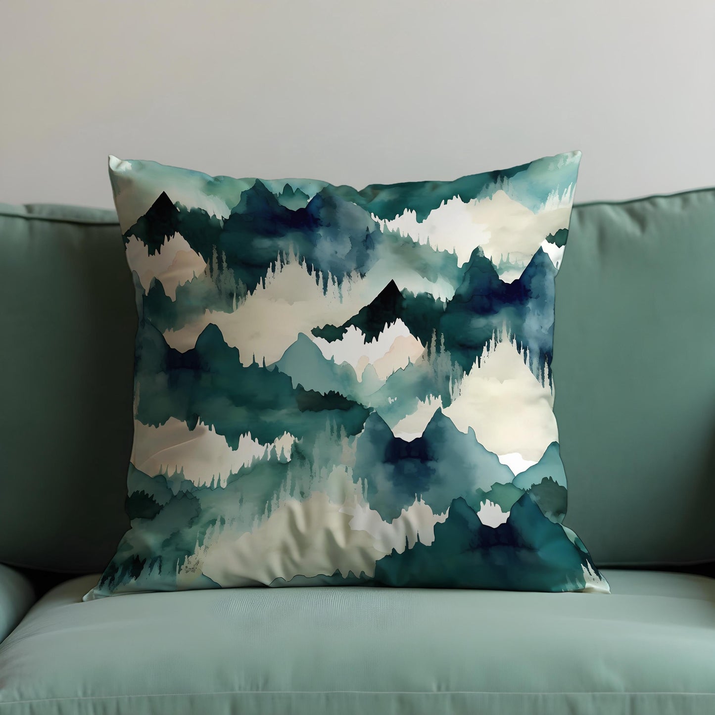Watercolor Mountain Cushion Cover, Blue Green Forest Landscape Pillow Case