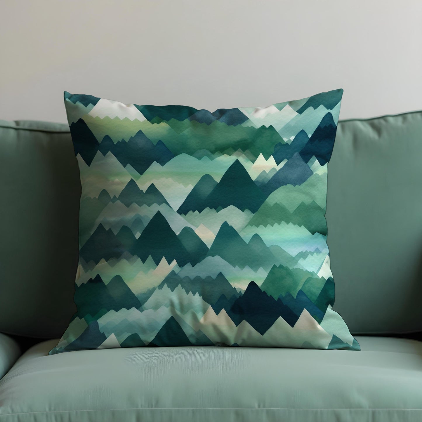 Mountain Range Pillow Cover, Green & Teal Watercolor Landscape Cushion Case