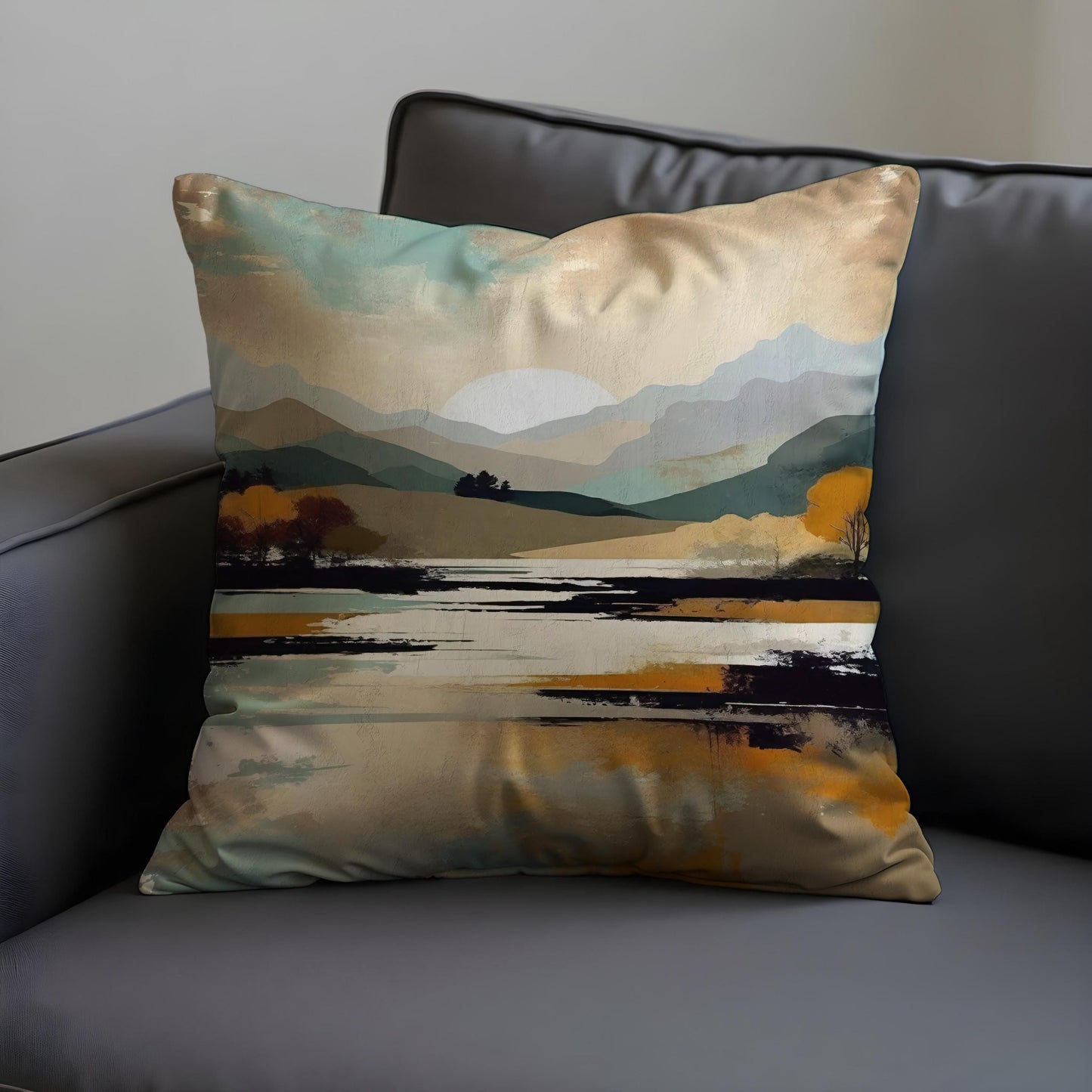 Serene Mountain Landscape Cushion Cover, Trees & Sunset Pillow Case