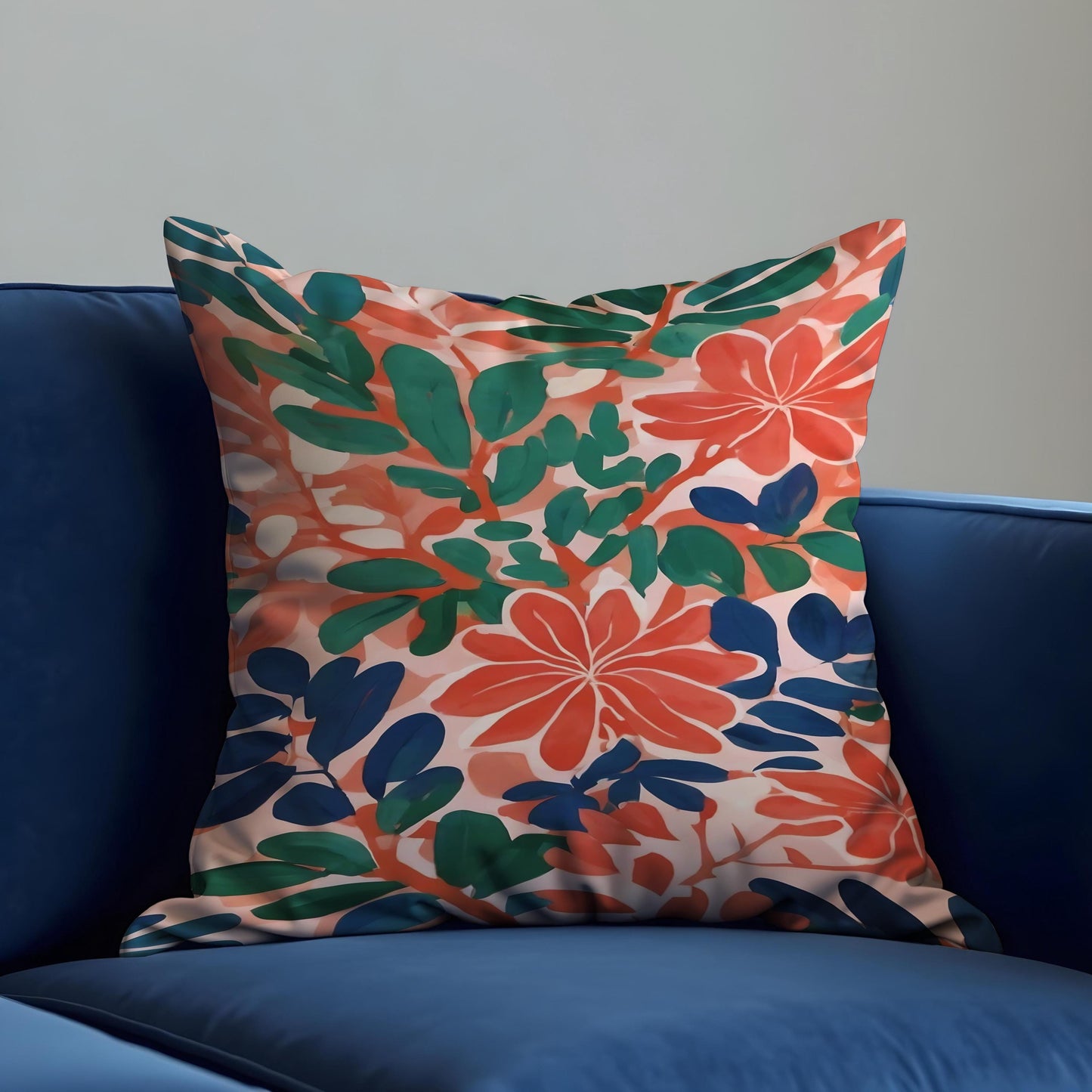 Tropical Floral Cushion Cover, Coral and Green Botanical Pillowcase