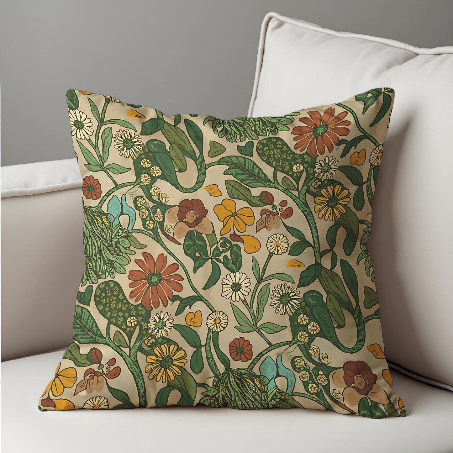Classic Botanical Pillow Cover, Earthy Floral Print Cushion Cover