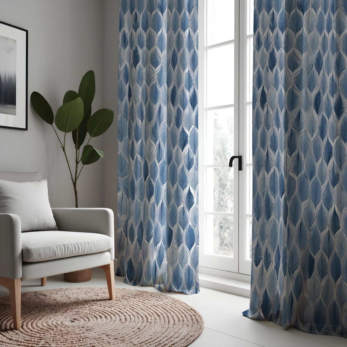 Blue Geometric Leaf Curtains, Modern Pattern Window Drapes