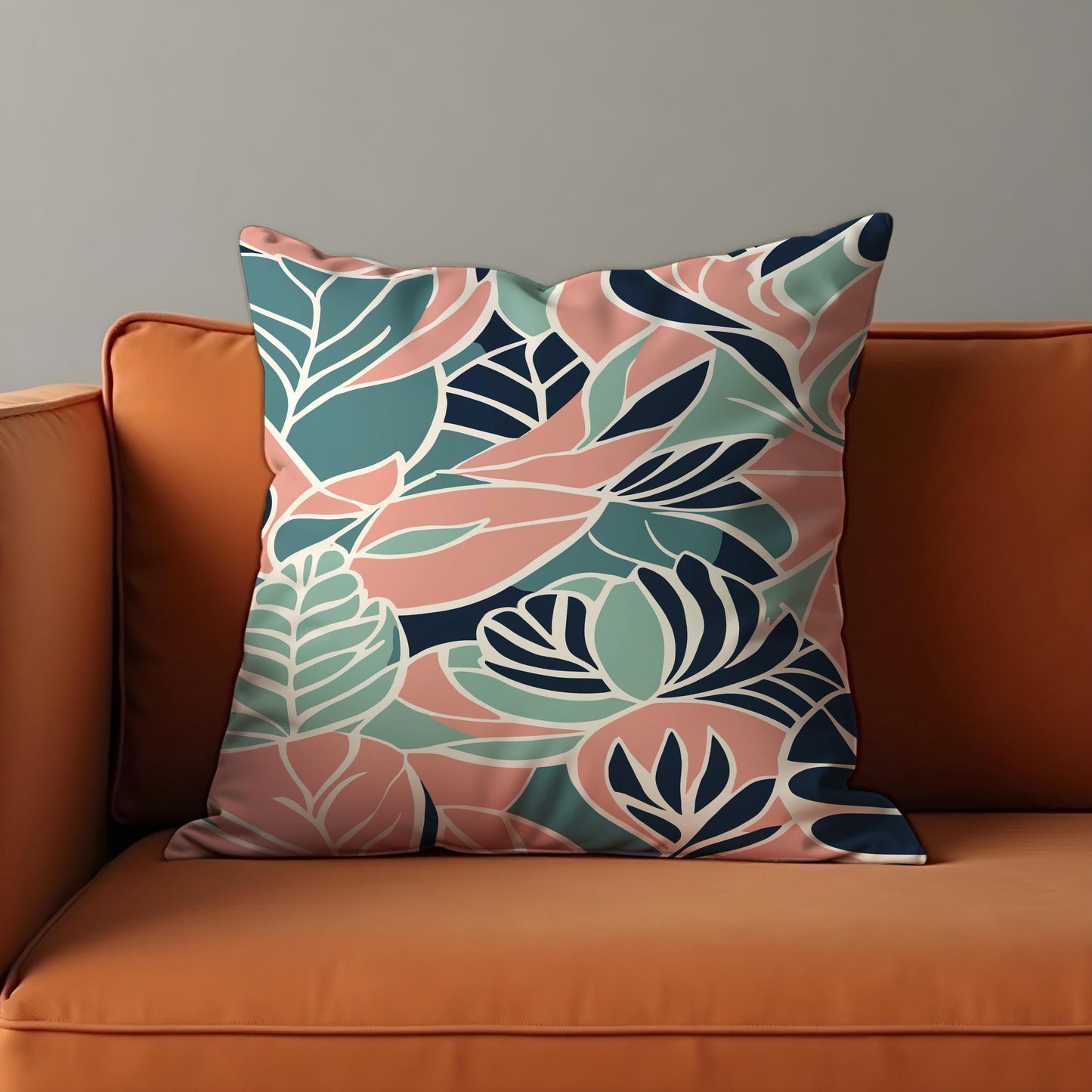 Tropical Leaf Cushion Cover, Bold Coral & Mint Botanical Pillowcase