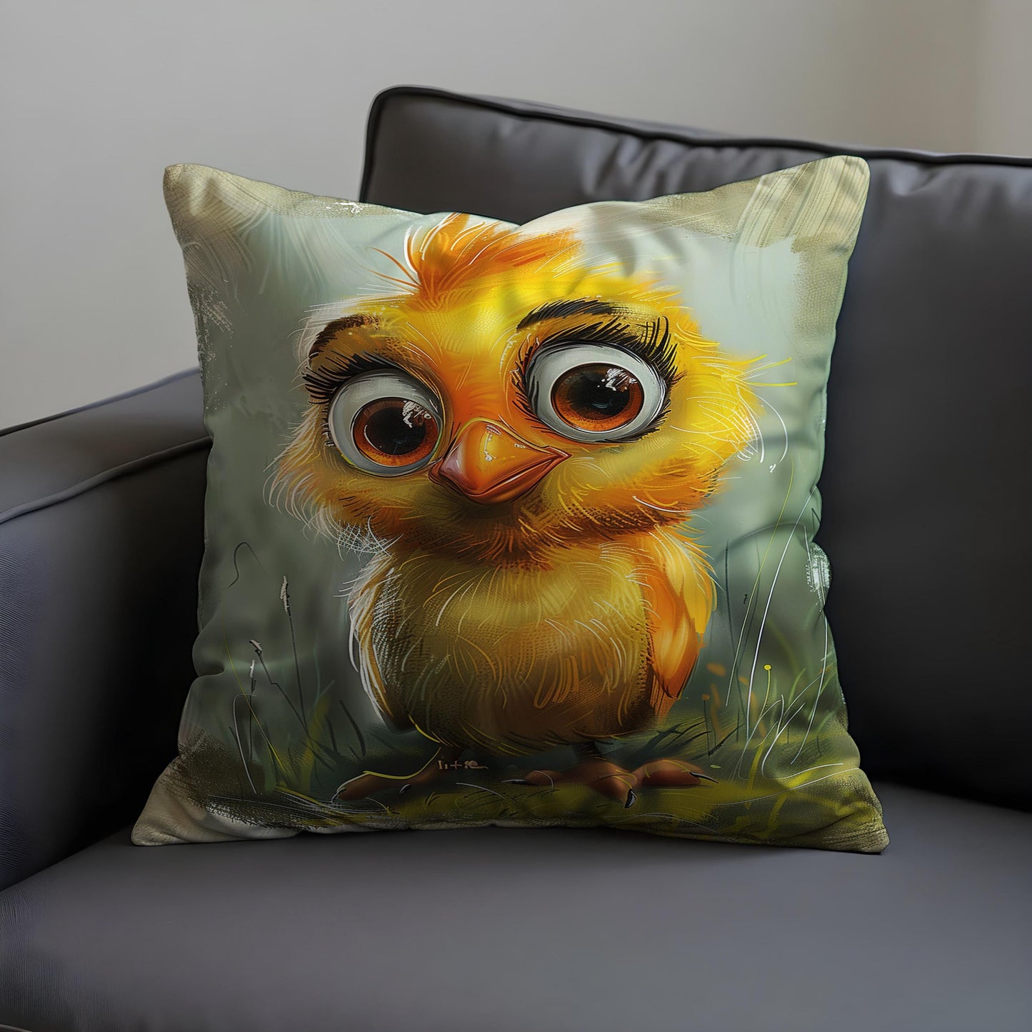 Cute Baby Chick Cushion Cover, Cartoon Style Yellow Bird Pillow Cover