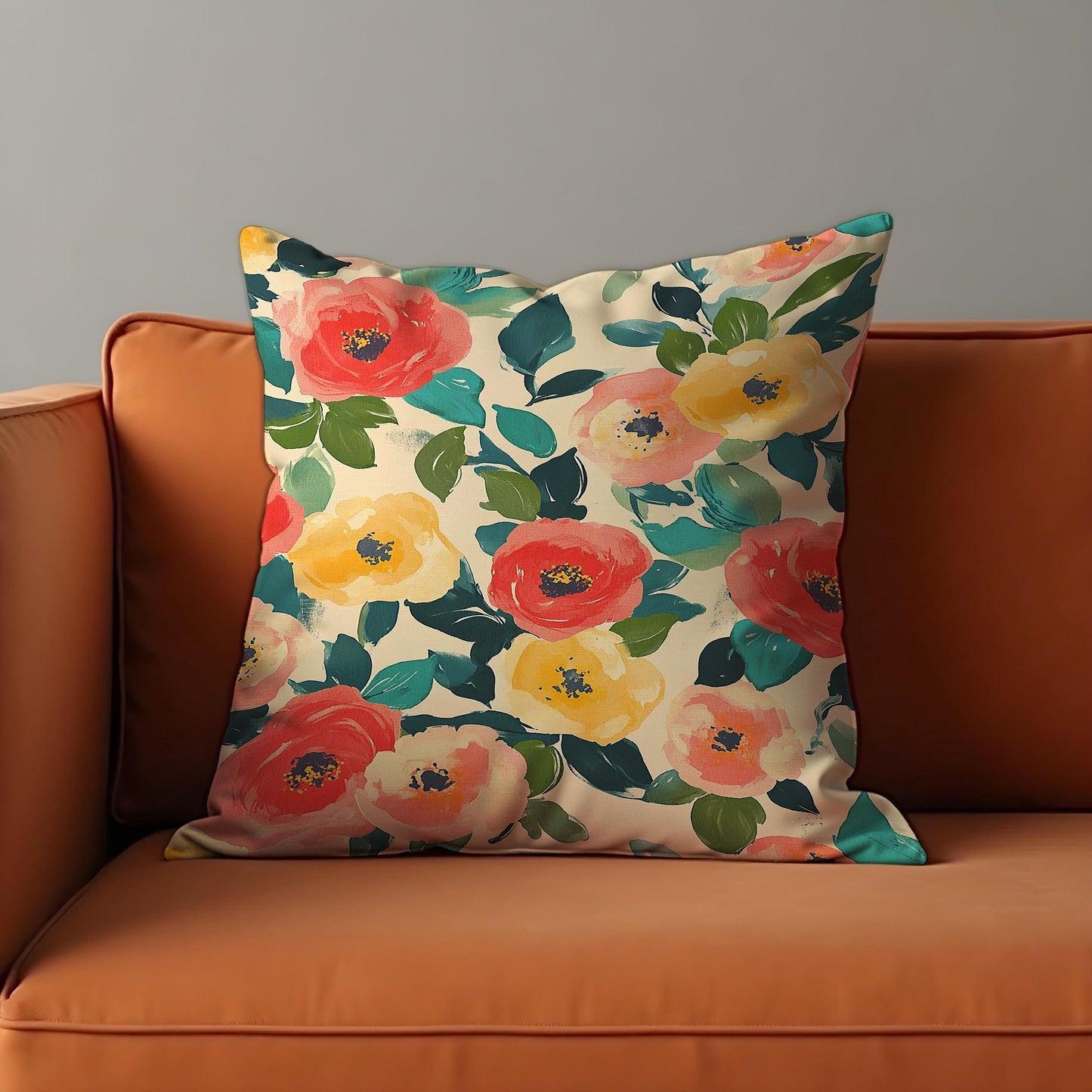 Floral Cushion Cover, Red and Yellow Poppy Flowers Pillow Case