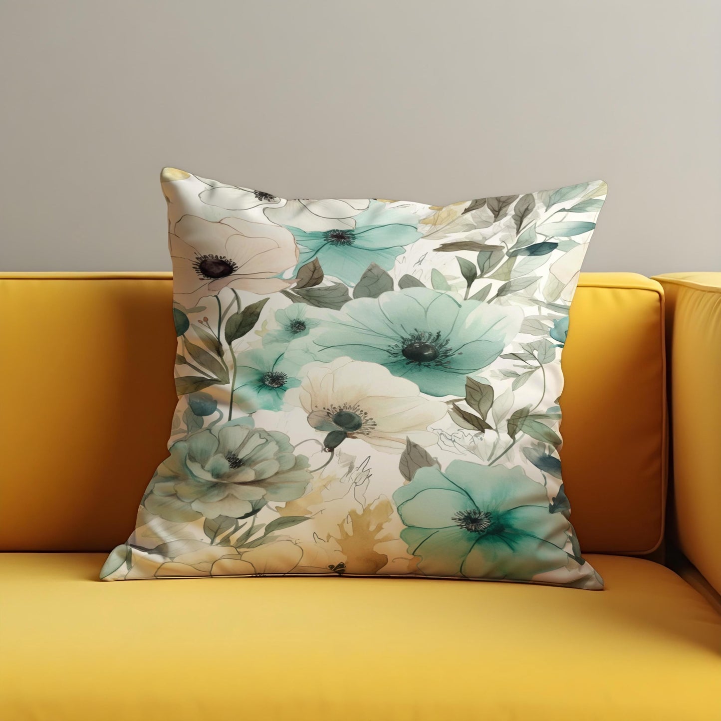 Aqua Floral Cushion Cover, Teal & Sage Watercolor Flowers Pillow Case