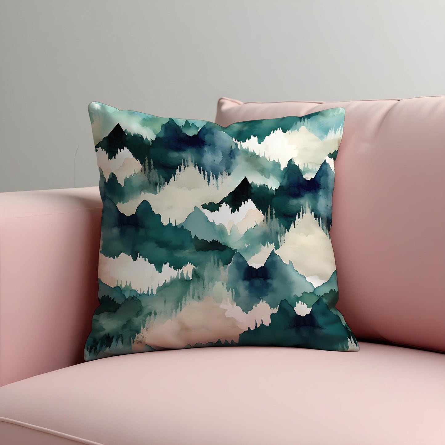 Watercolor Mountain Cushion Cover, Blue Green Forest Landscape Pillow Case