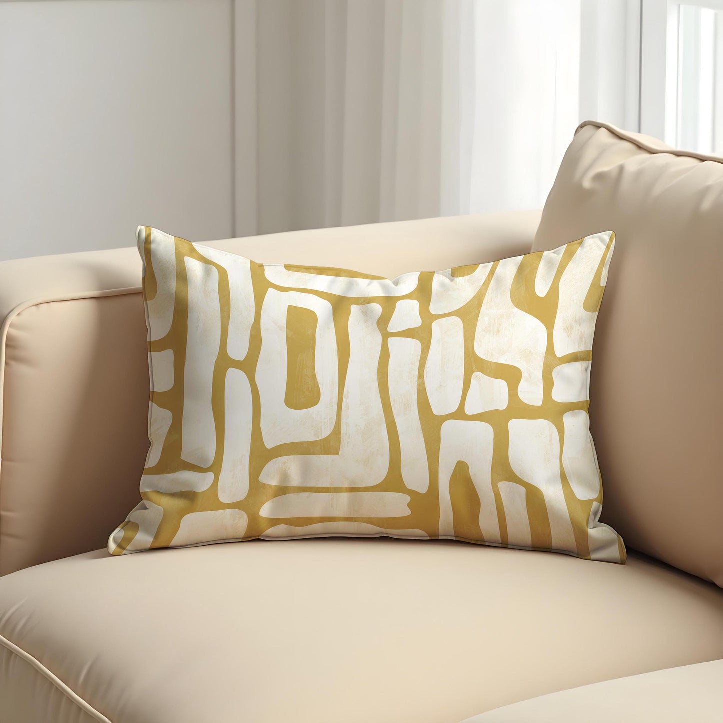 Modern Abstract Cushion Cover, Mustard Yellow Organic Line Pillow Case