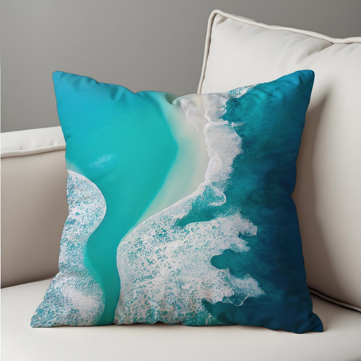 Beach Aerial Cushion Cover, Turquoise Sea Shoreline Throw Pillow Cover