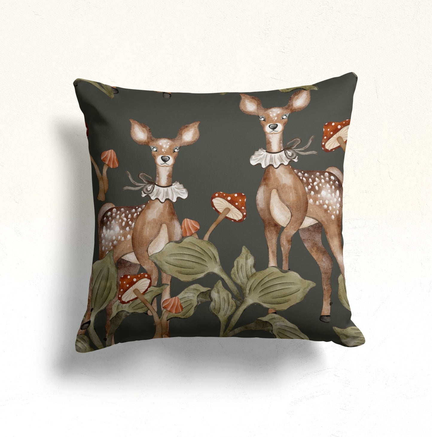 Deer & Mushroom Cushion Cover, Floral Forest Design
