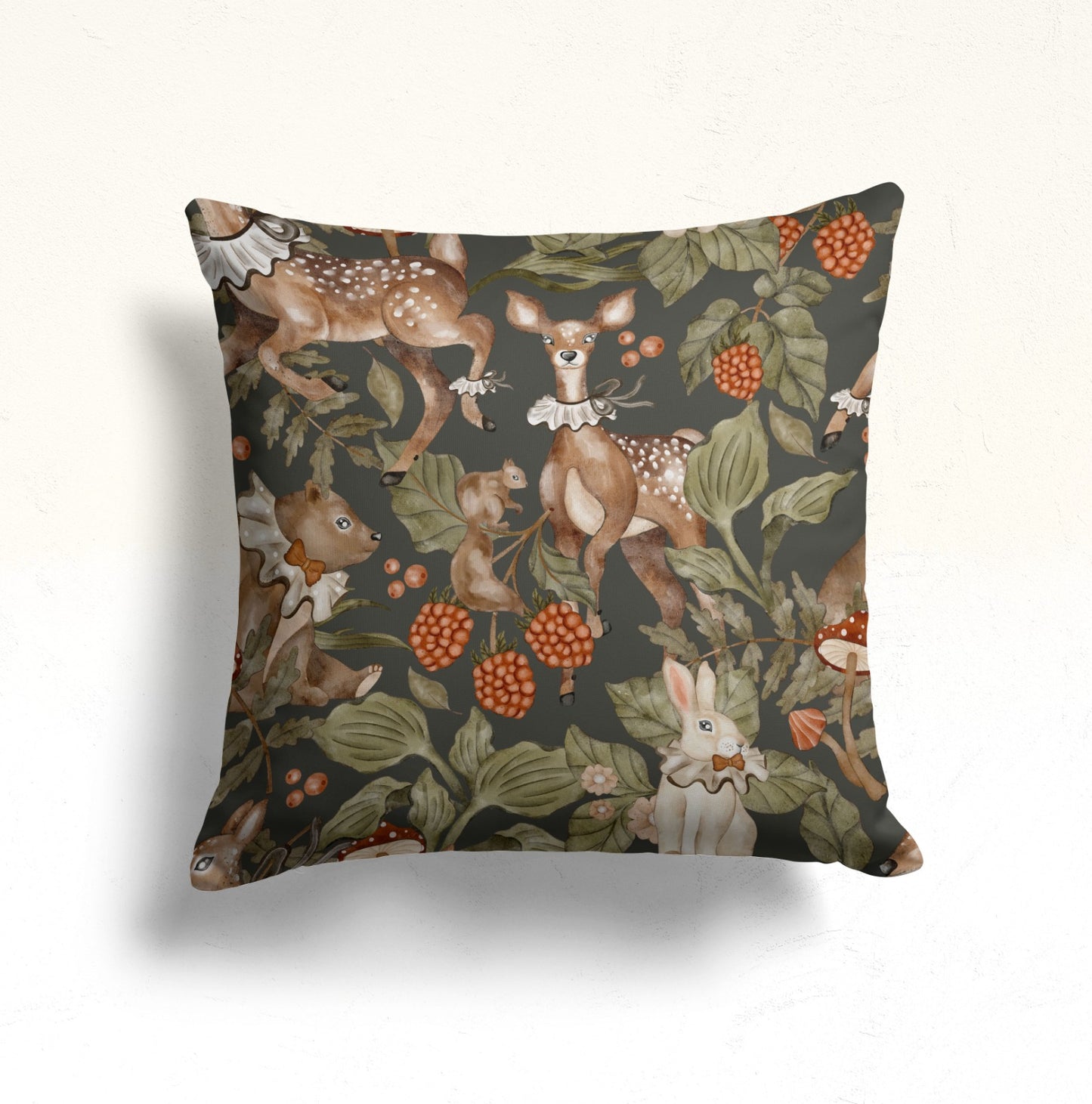 Deer & Mushroom Cushion Cover, Floral Forest Design