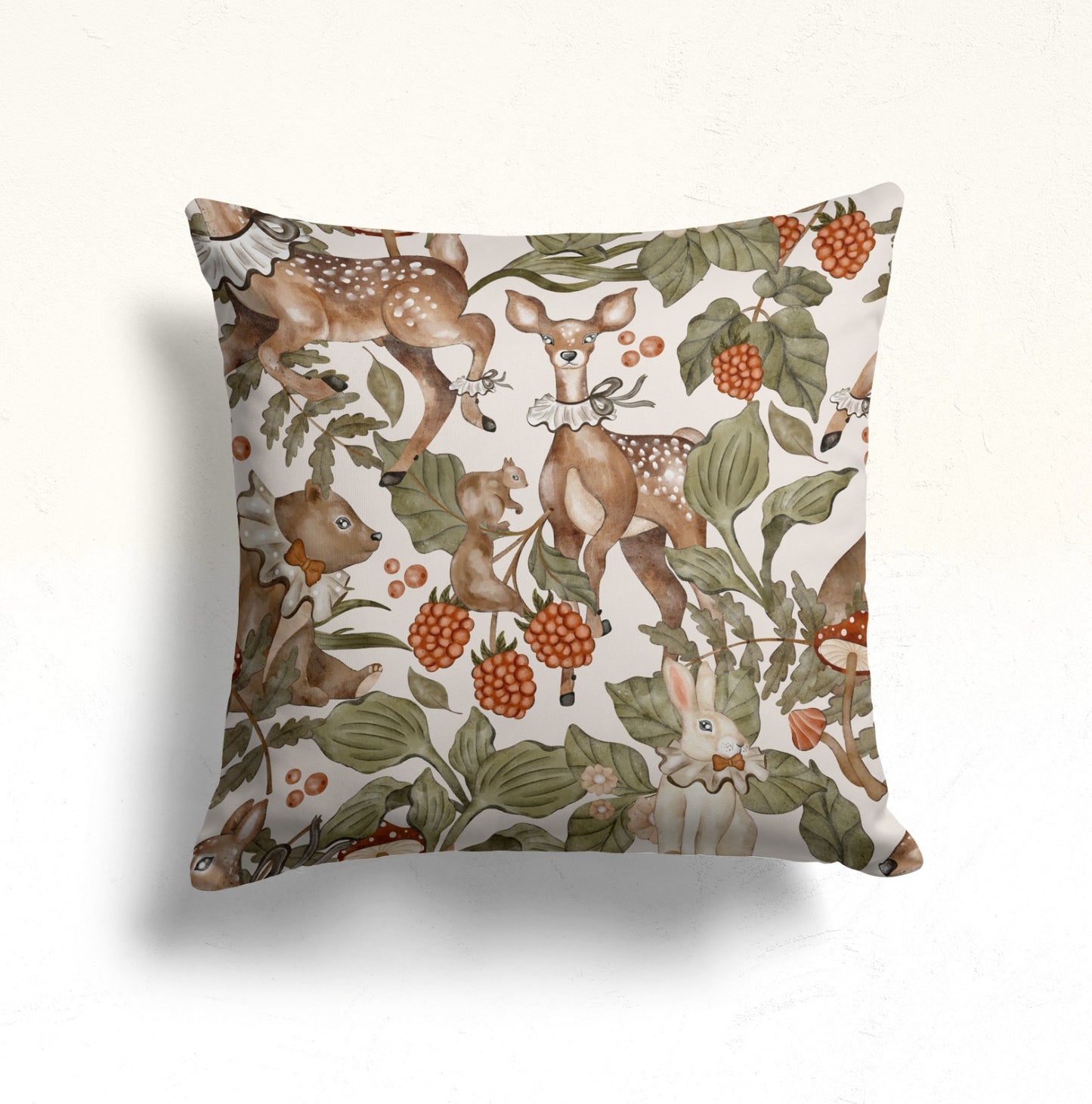 Deer & Mushroom Cushion Cover, Floral Forest Design