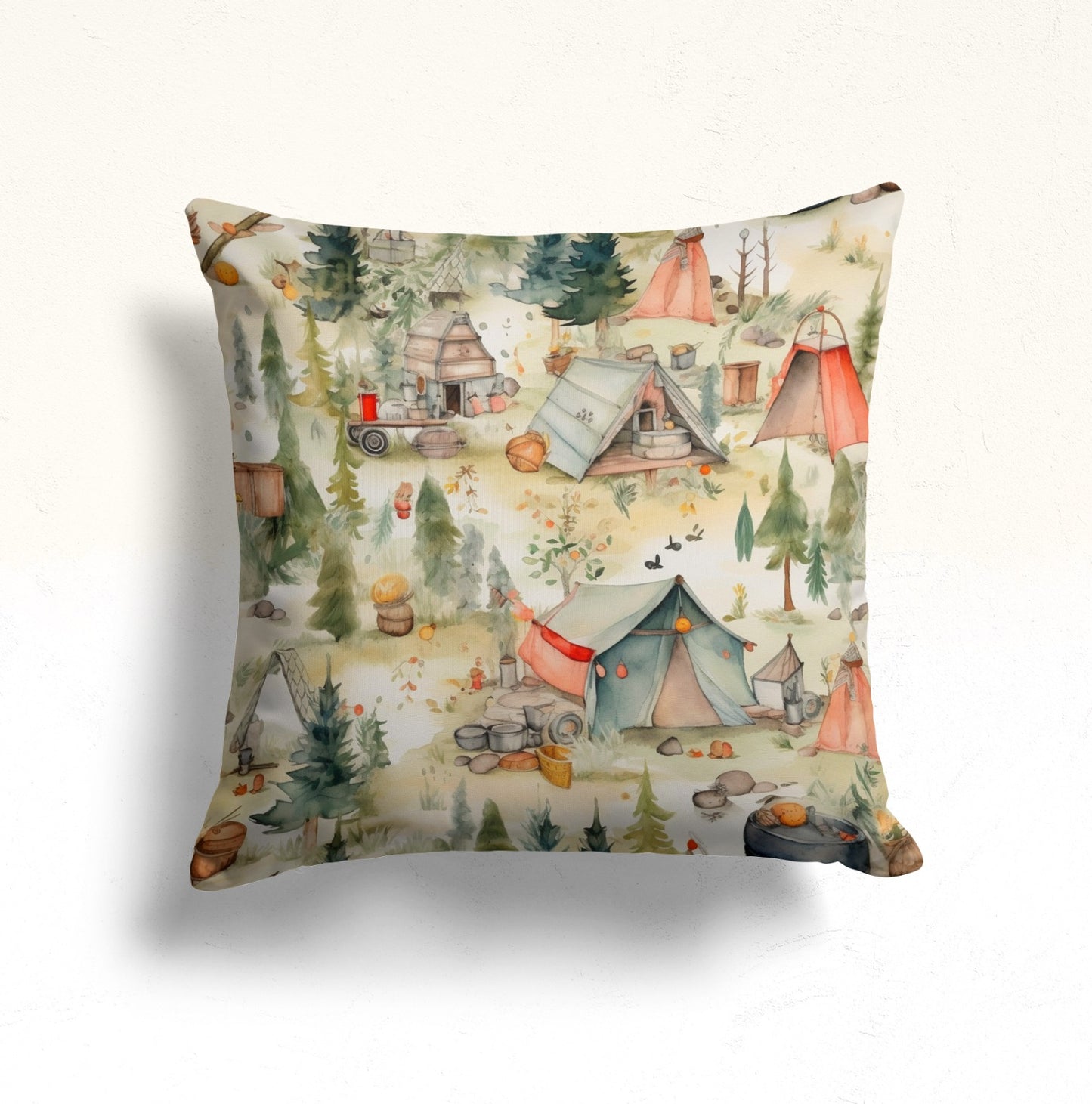 Watercolor Camping Scene Cushion Cover, Rustic Outdoor Adventure