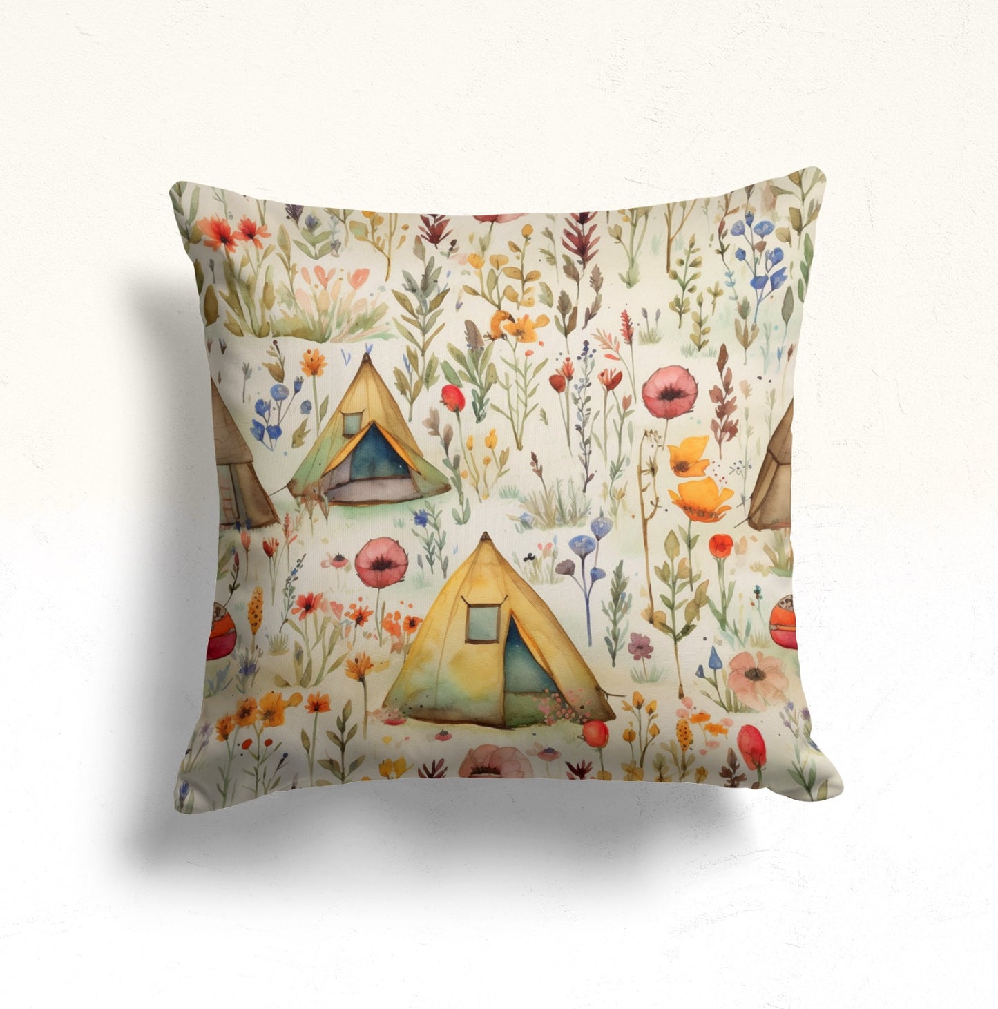 Watercolor Camping Scene Cushion Cover, Rustic Outdoor Adventure