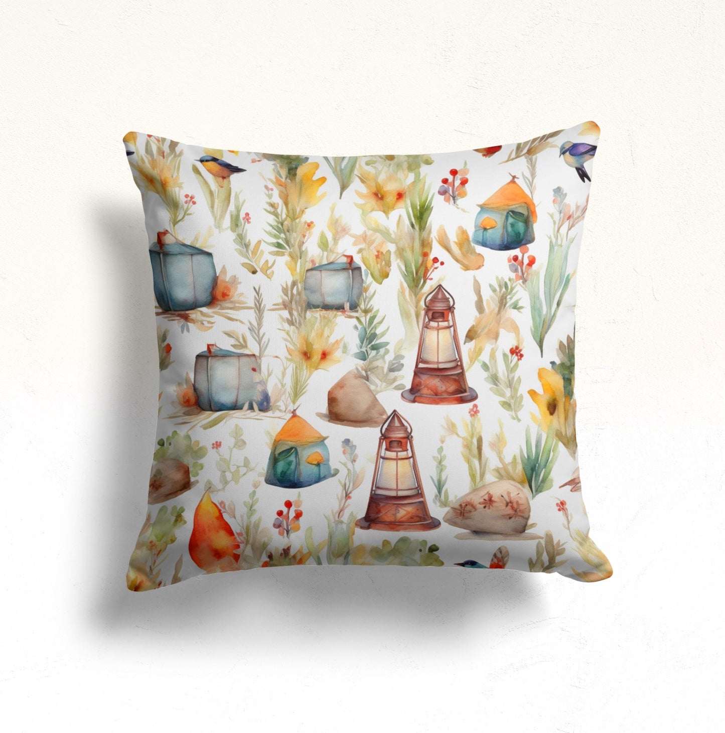 Watercolor Camping Scene Cushion Cover, Rustic Outdoor Adventure