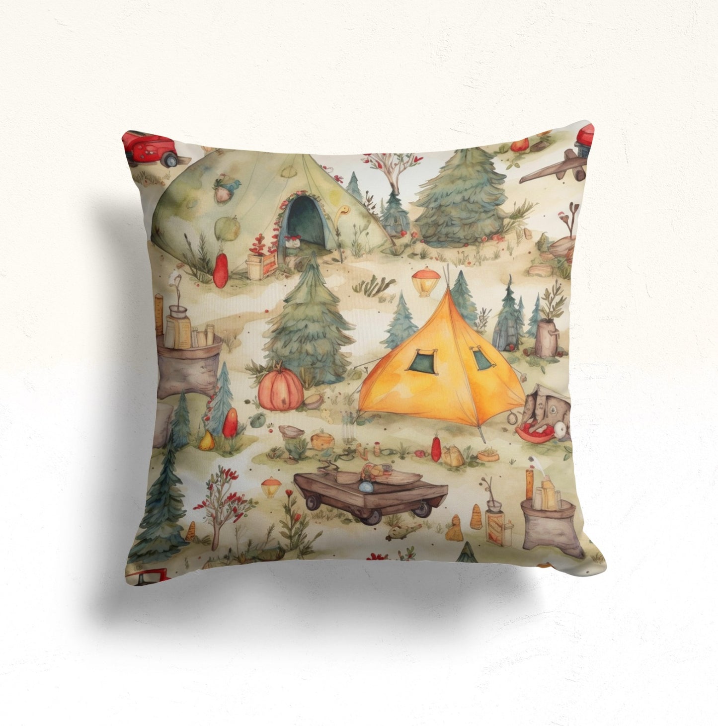 Watercolor Camping Scene Cushion Cover, Rustic Outdoor Adventure