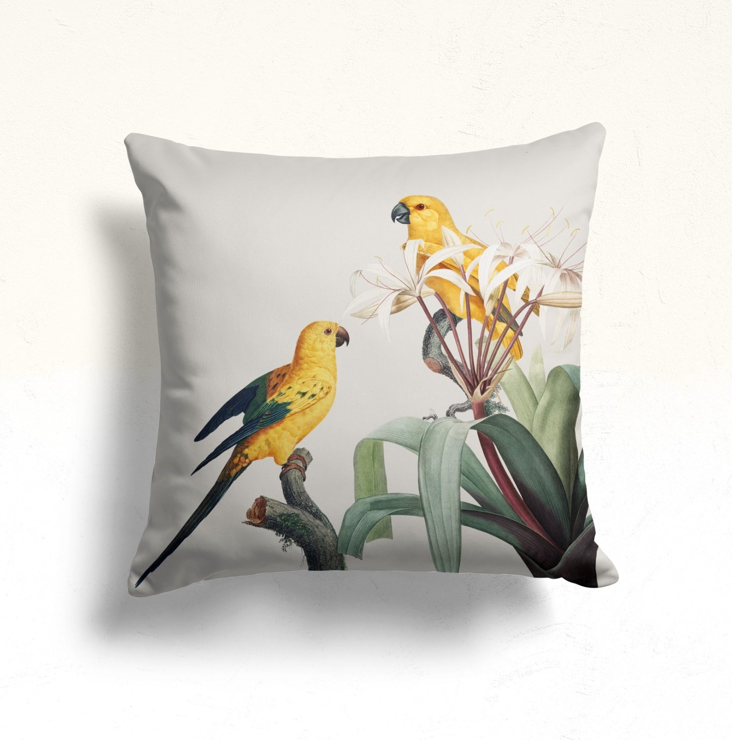 Tropical, Exotic, Lovebirds Cushion Cover, Spring Blossom Branches