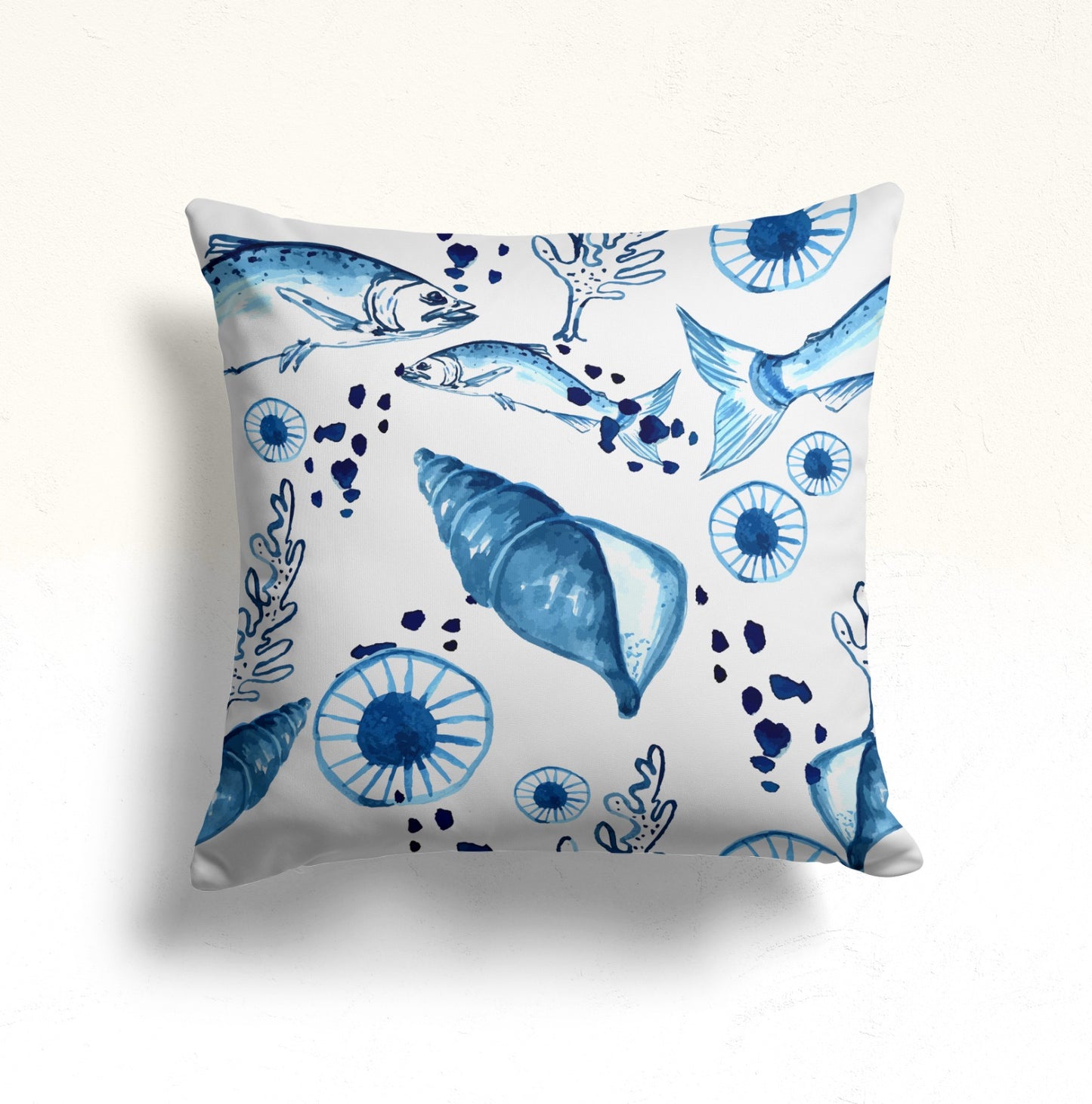 Marine Life Shells Starfish Cushion Cover, Ocean Blue Seashell