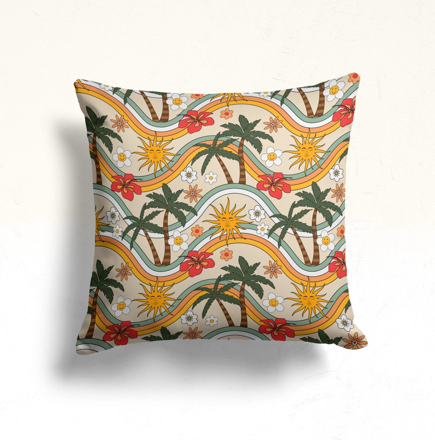 Tropical Sun and Palm Trees Design, Vintage Island Cushion Cover