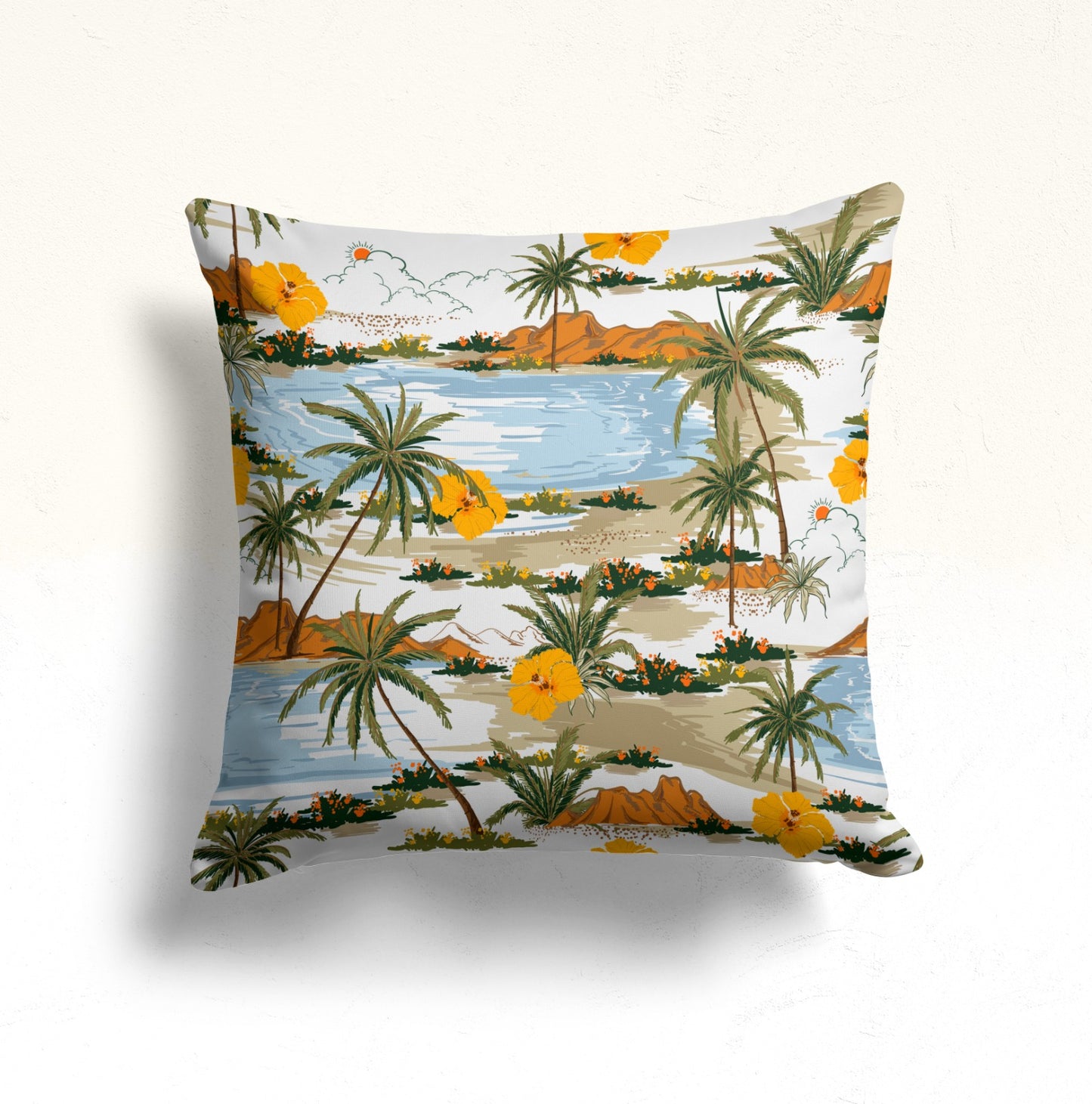 Tropical Sun and Palm Trees Design, Vintage Island Cushion Cover
