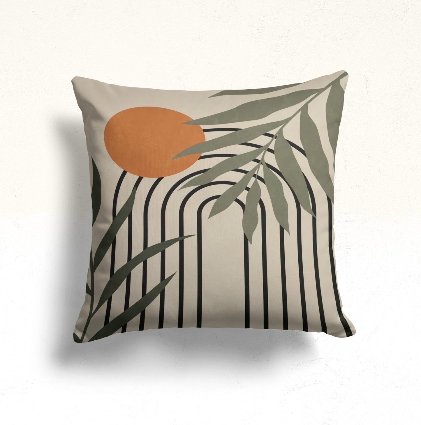Abstract Sunset with Palm Leaves Cushion Cover in Earthy Tones