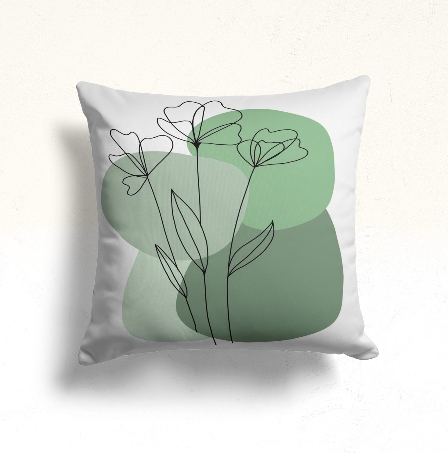 Abstract Floral Line Art Cushion Cover with Green Accents