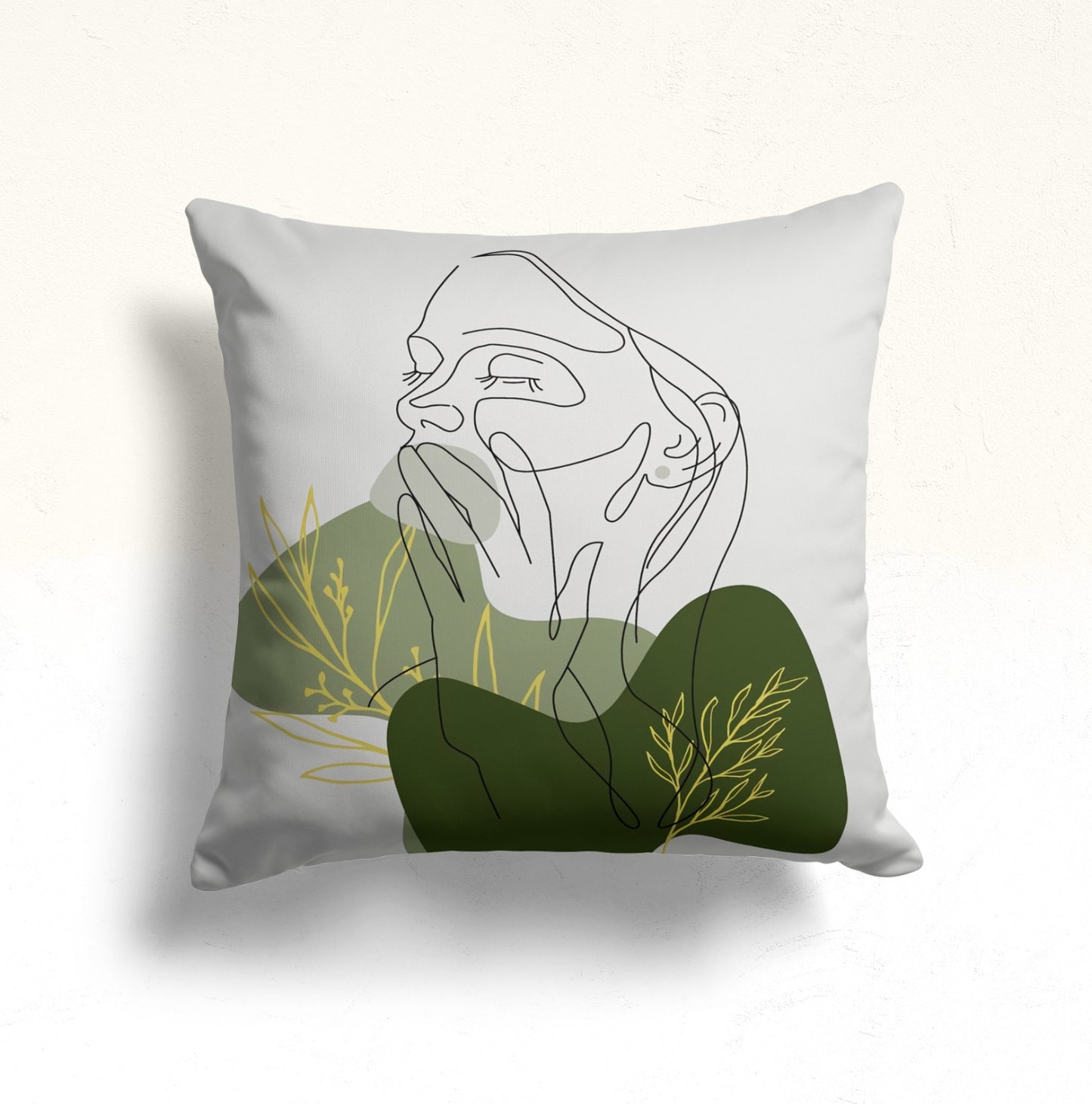 Abstract Floral Line Art Cushion Cover with Green Accents