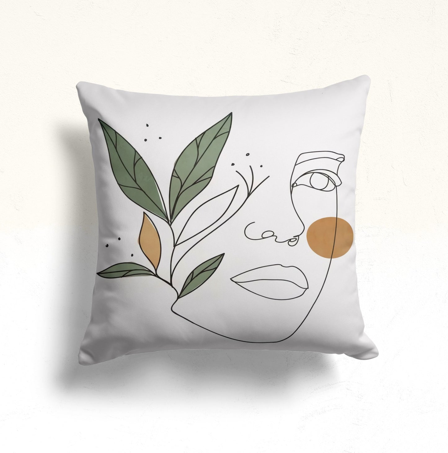 Abstract Floral Line Art Cushion Cover with Green Accents