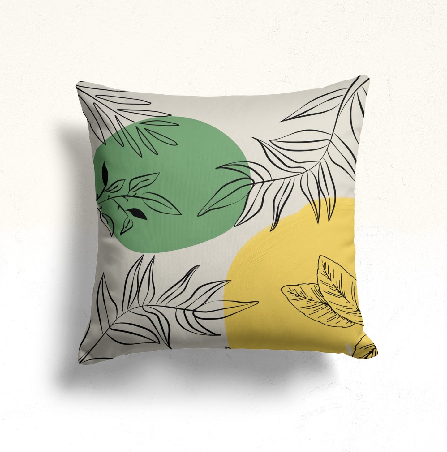 Abstract Floral Line Art Cushion Cover with Green Accents
