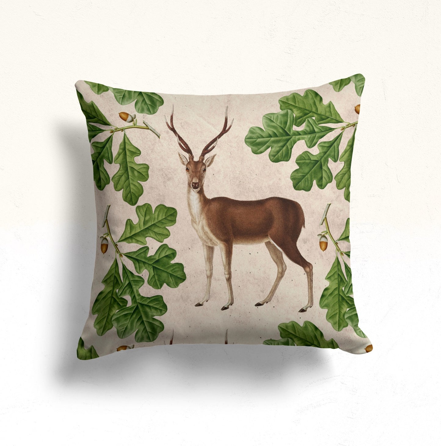 Deer Cushion Cover with Fig Leaves, Green Botanical Trees