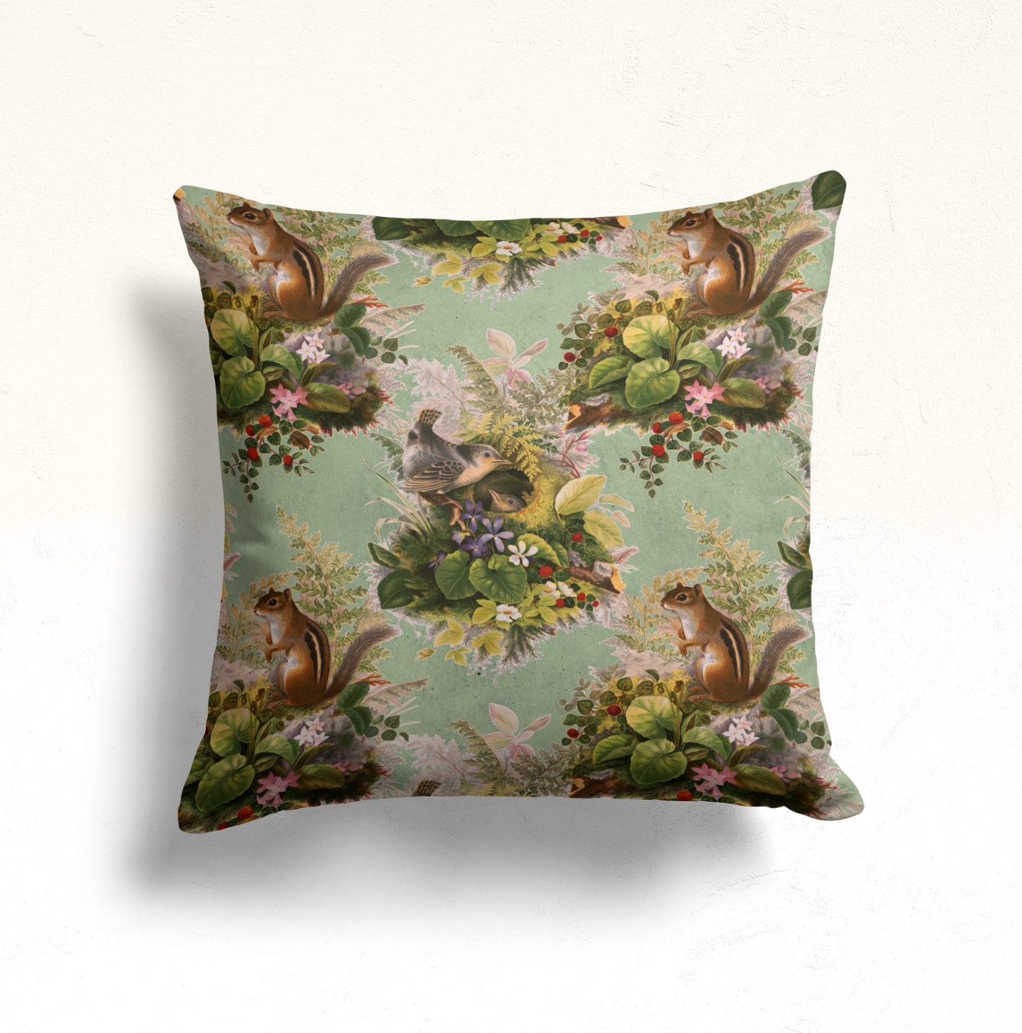 Owl and Roses Cushion Cover, Forest Pine Needle Deep Green