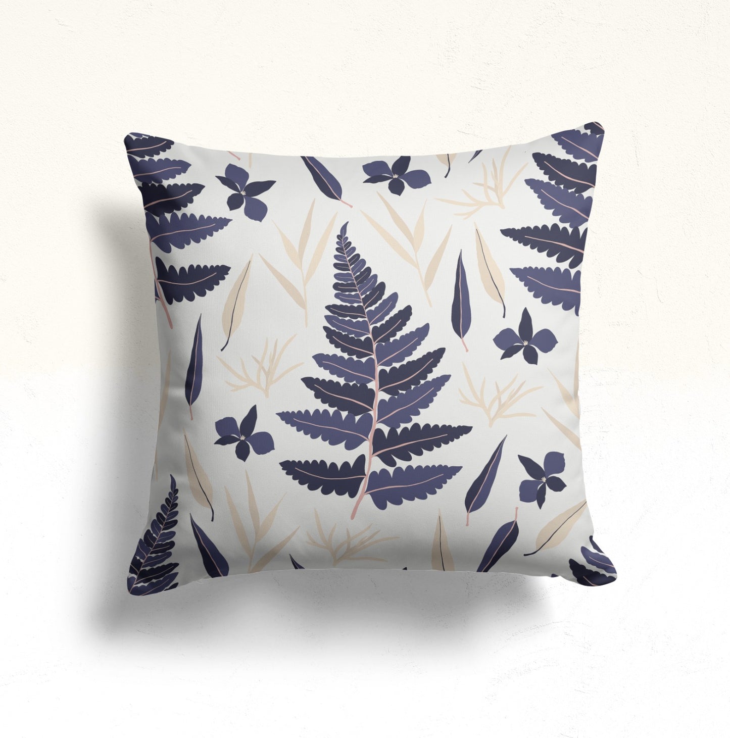 Blue Fern and Wildflower Cushion Cover, Abstract Indigo Leaves