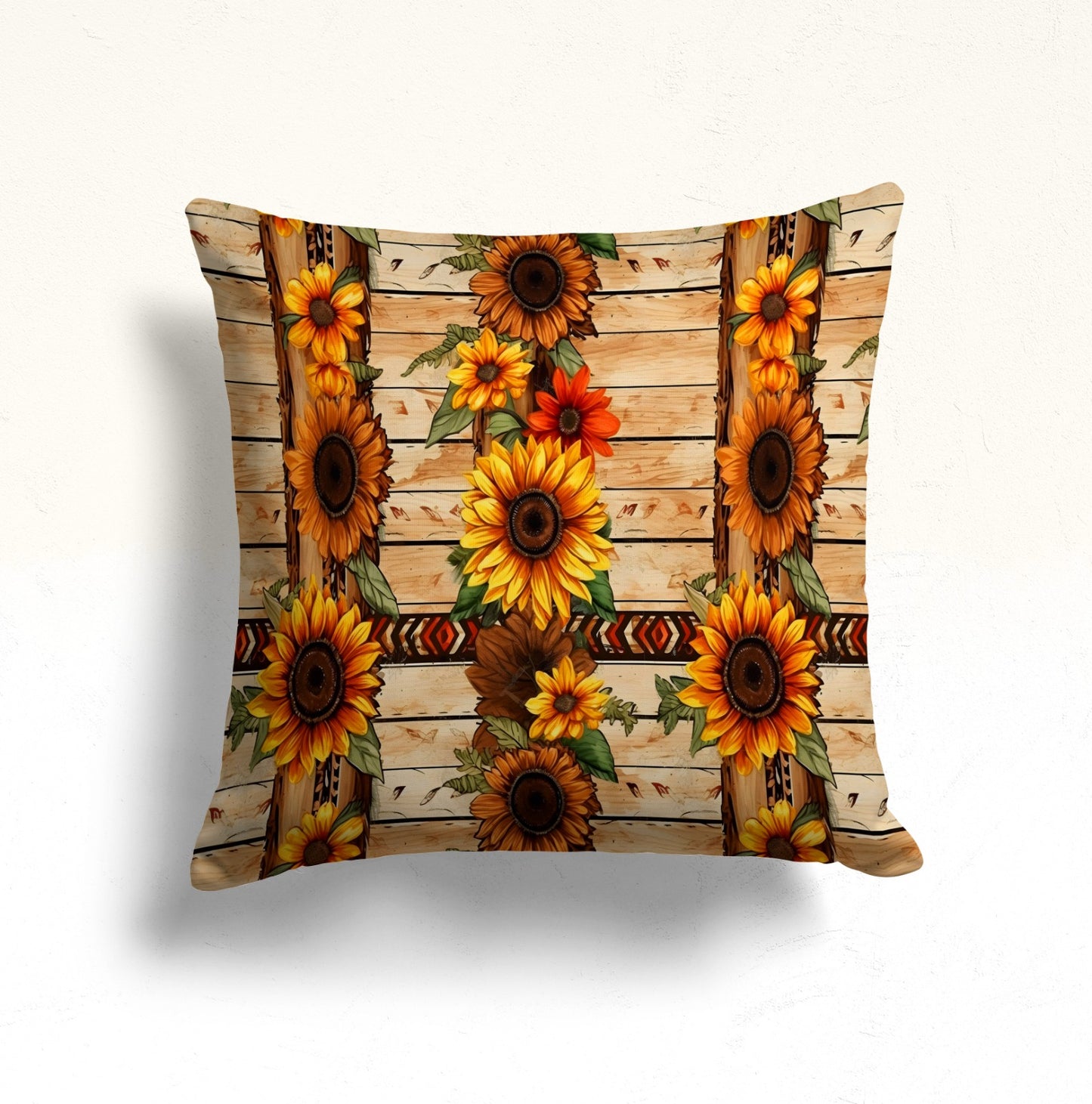 Wooden Sunflower Delight Cushion Cover, Sunflower Rustic Stripes