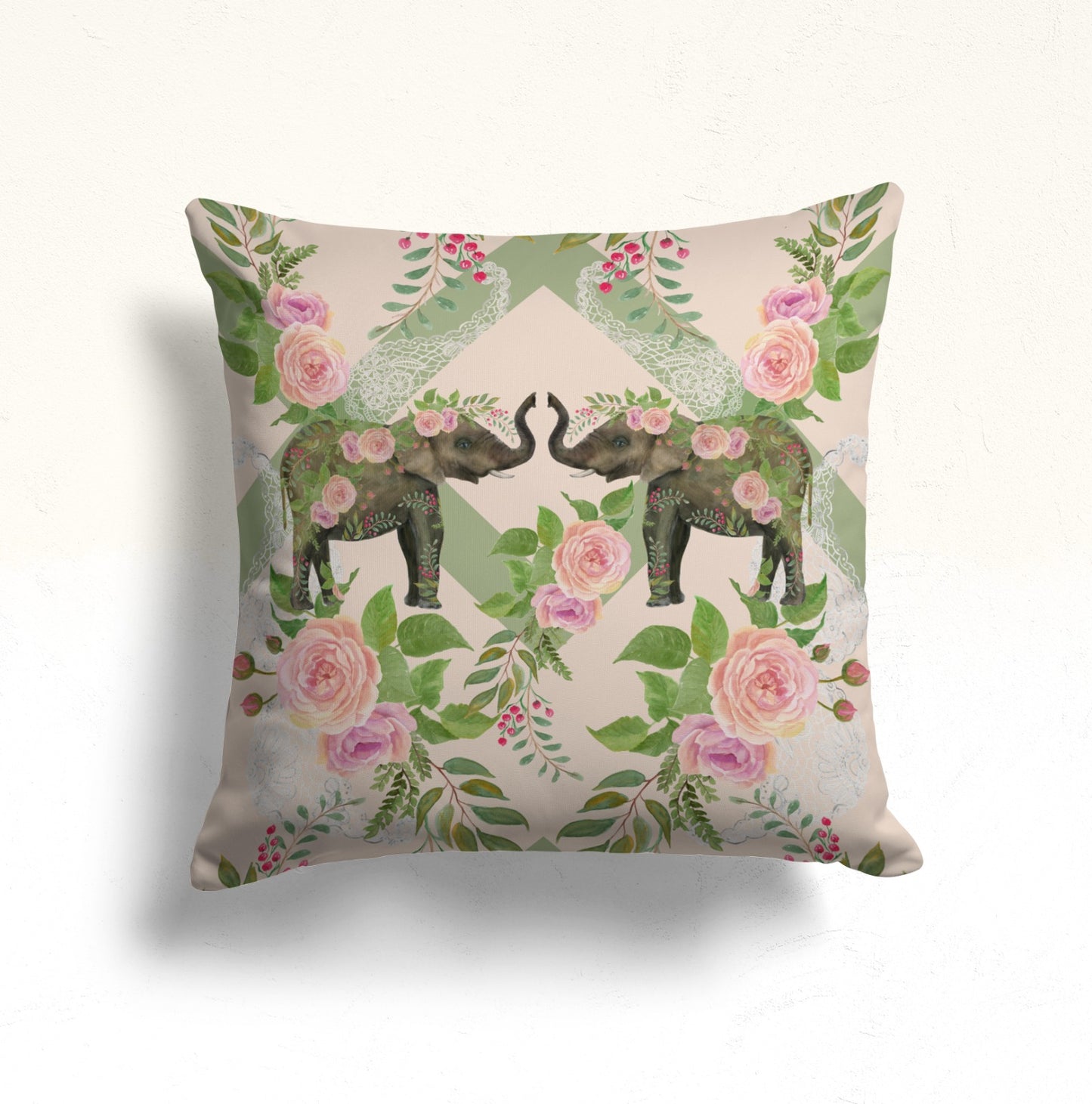 Tropical Green Cushion Cover, Floral Elephant, Boho Jungle