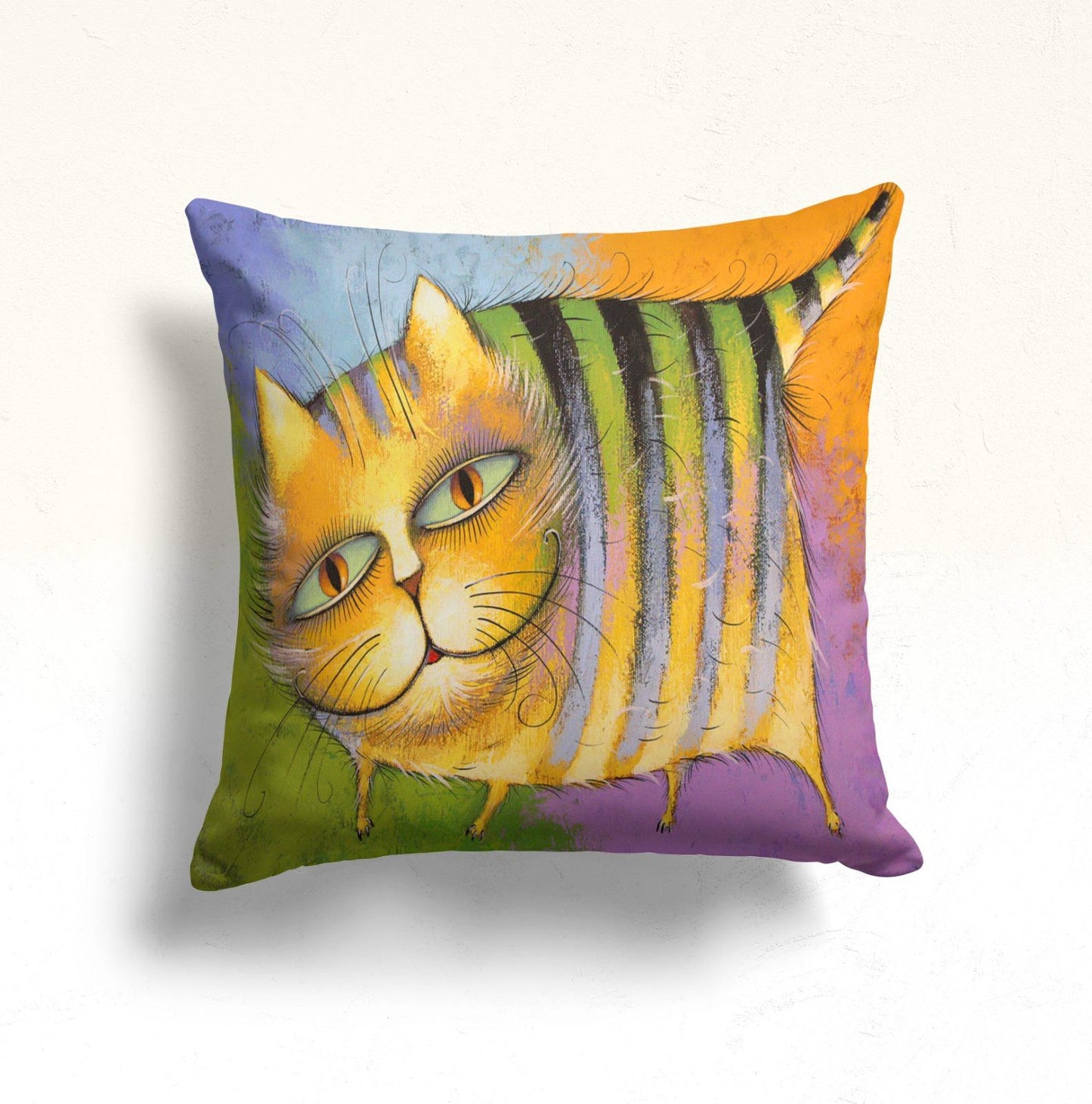 Red Feline in a Vibrant Cityscape Cushion Cover, Striped Cat