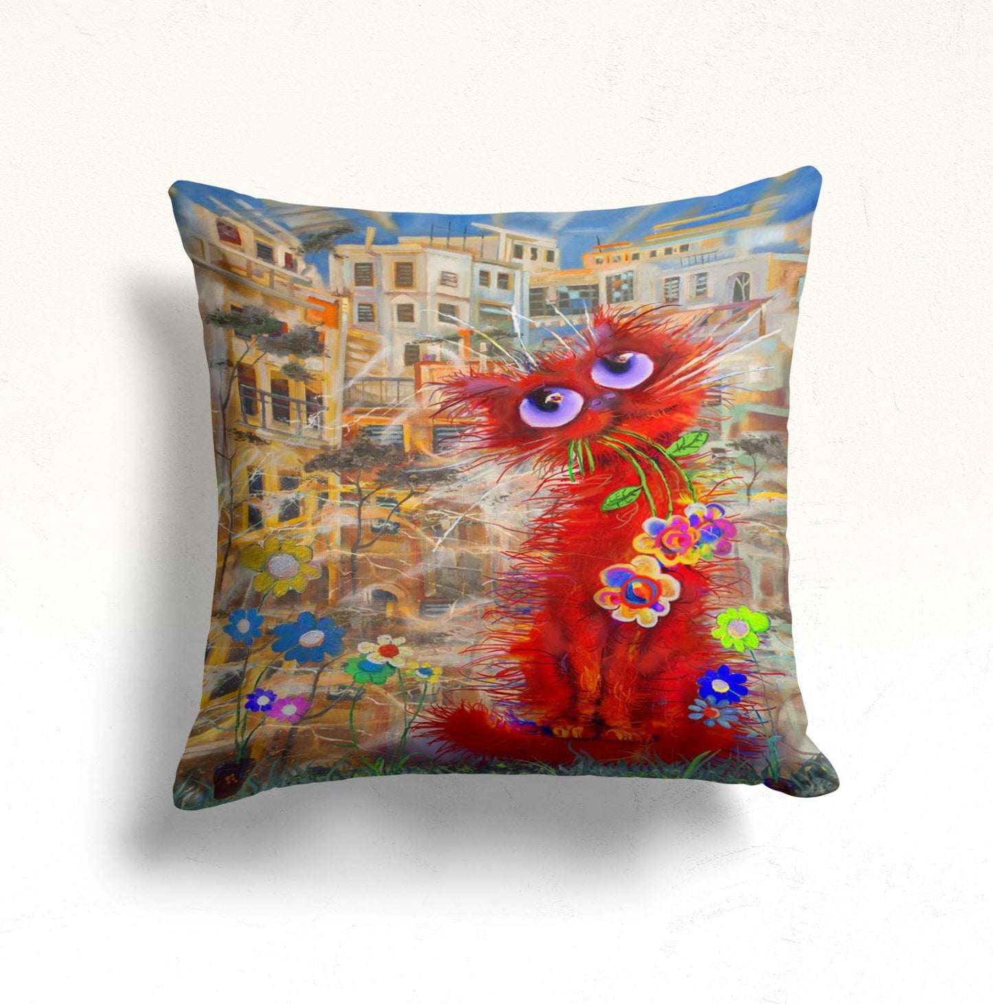 Red Feline in a Vibrant Cityscape Cushion Cover, Striped Cat
