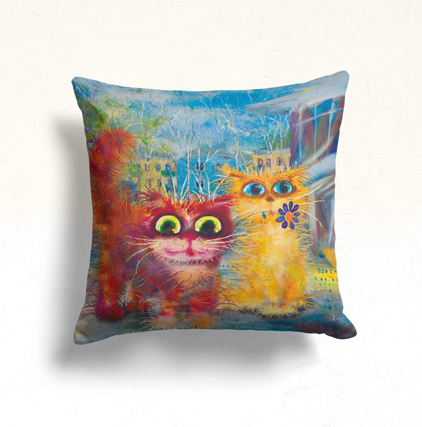 Red Feline in a Vibrant Cityscape Cushion Cover, Striped Cat