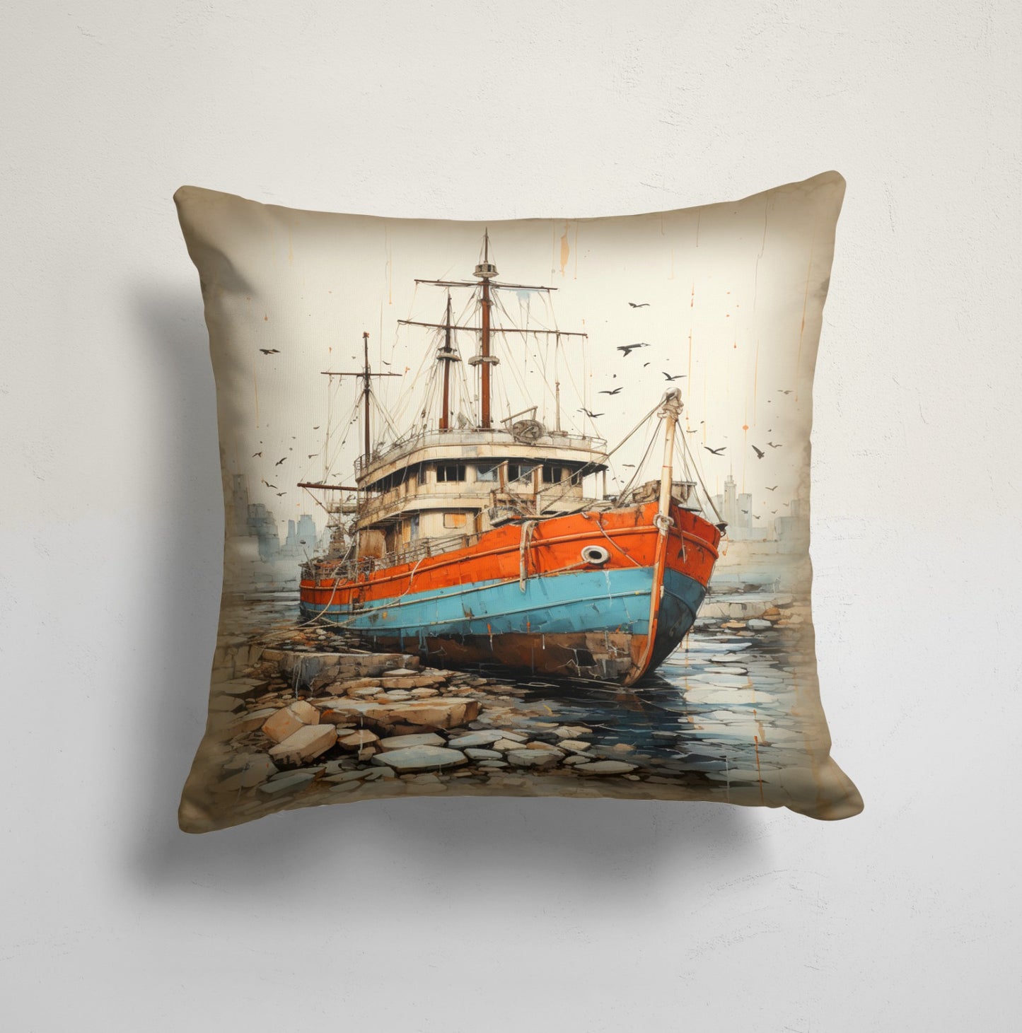 Sailing Ship Cushion Cover, Compass Rose Maritime, Harbor