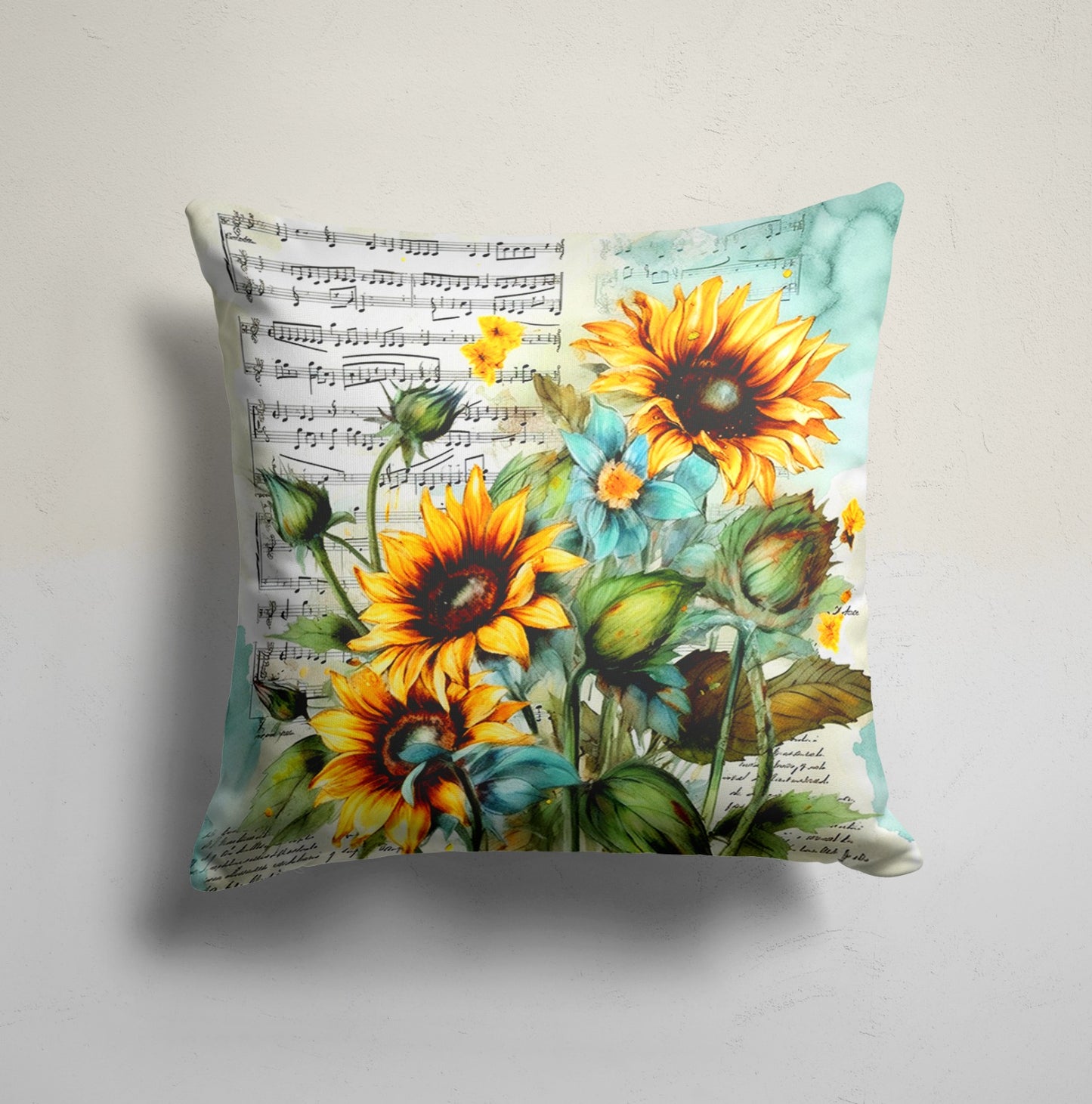 Sunflower Notes Cushion Cover, Artful Design with Script and Music