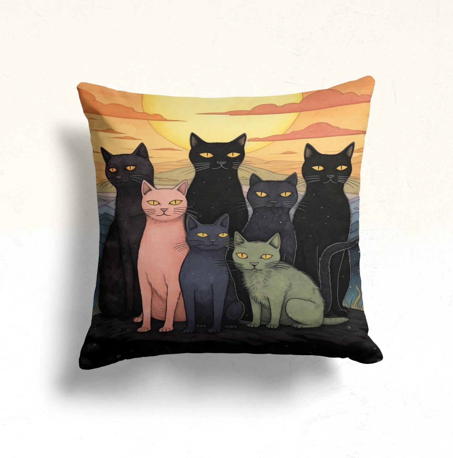 Red Feline in a Vibrant Cityscape Cushion Cover, Striped Cat