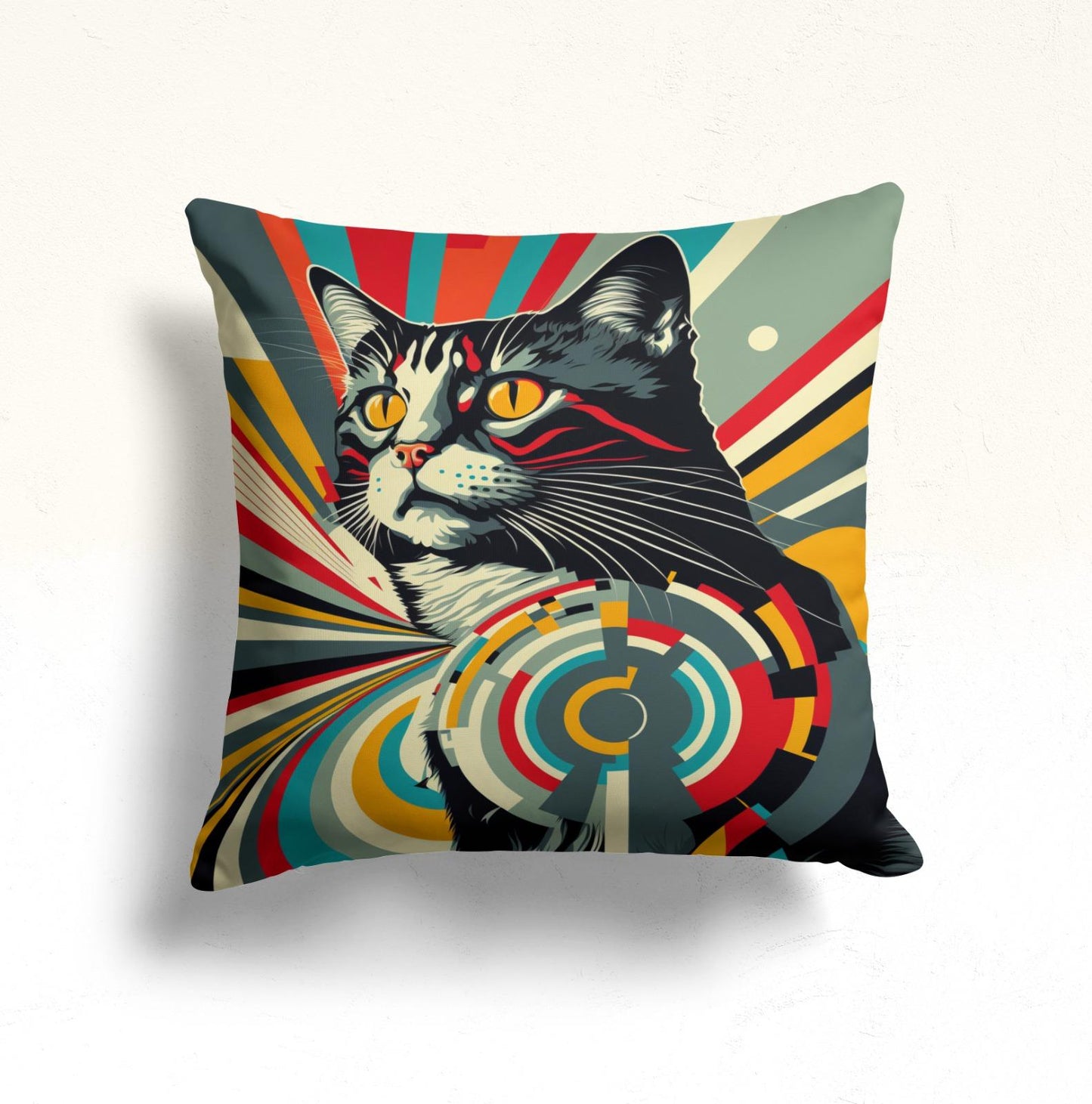 Red Feline in a Vibrant Cityscape Cushion Cover, Striped Cat