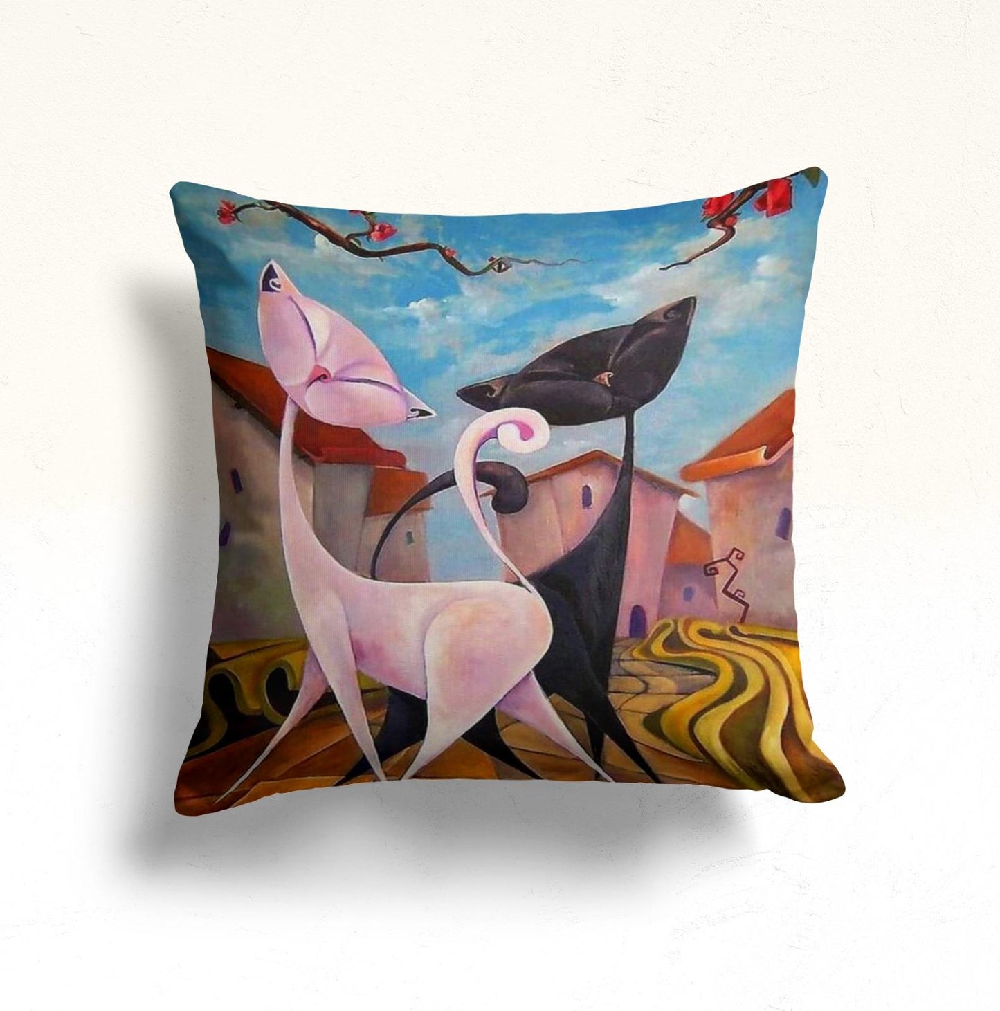 Red Feline in a Vibrant Cityscape Cushion Cover, Striped Cat
