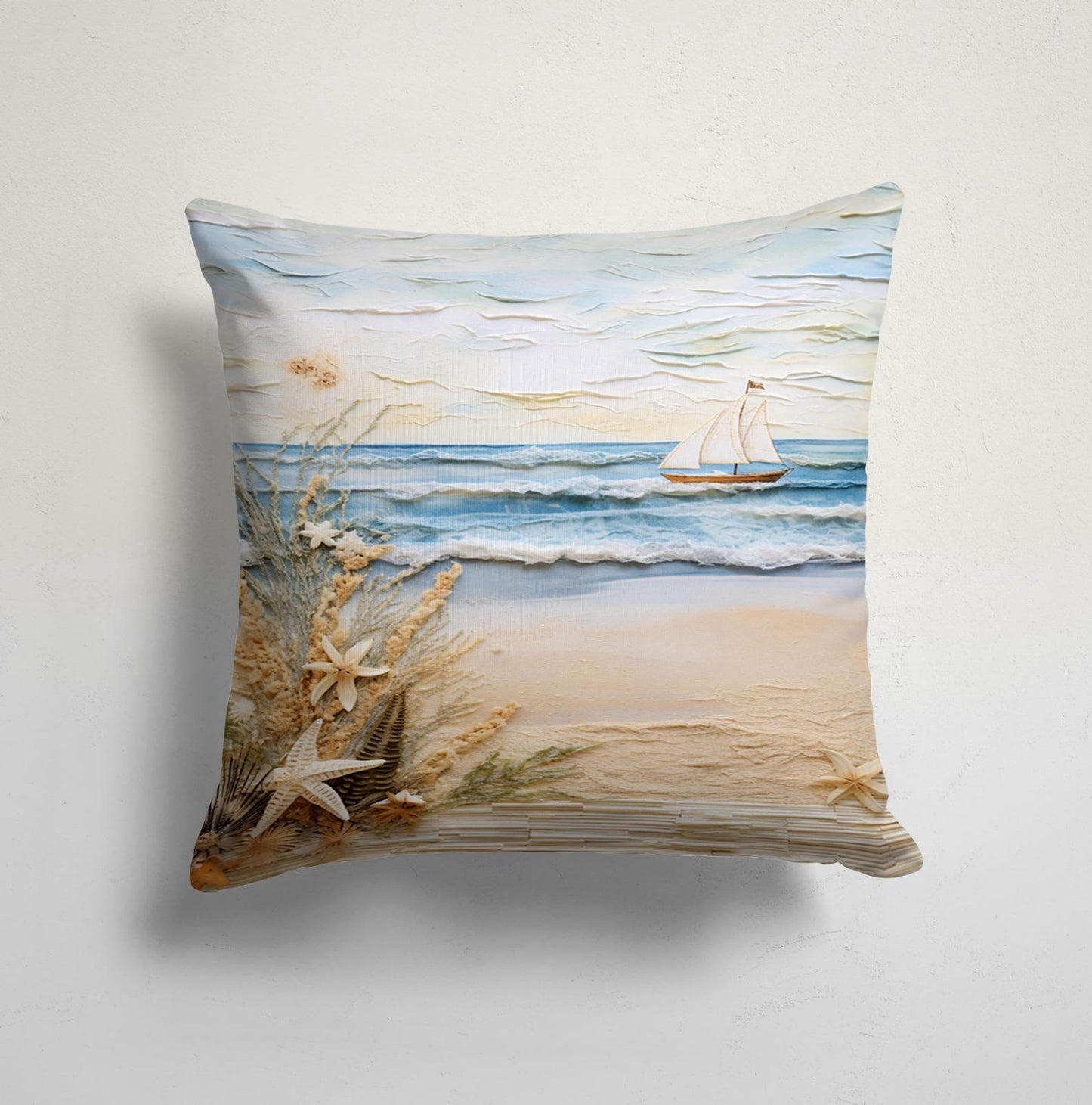 Coastal Shells and Sand Art Cushion Cover,Seahorse and Coral