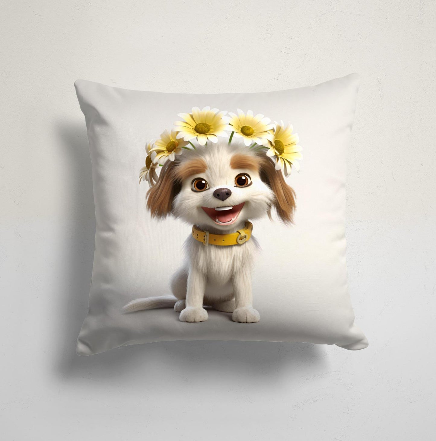 Cute Puppy with Daisy Garland Cushion Cover, Floral Feline Decor