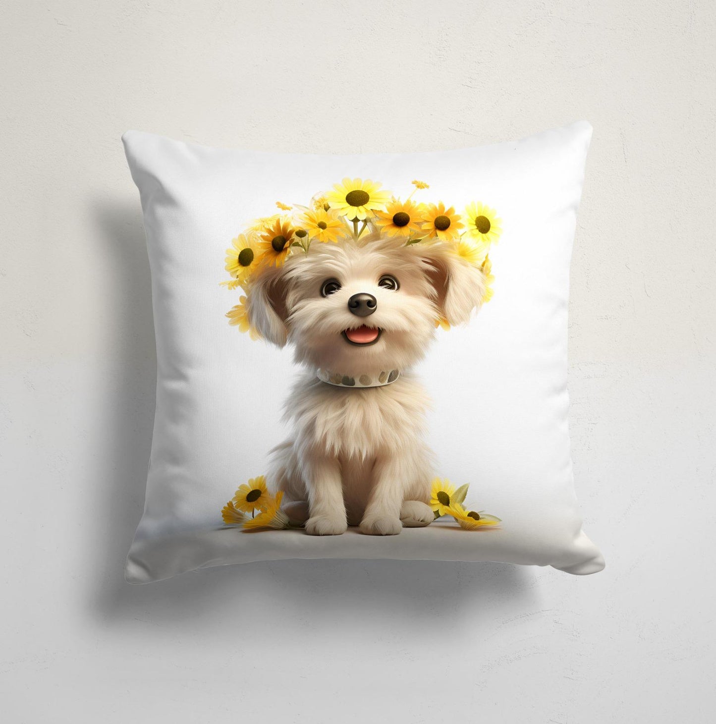 Cute Puppy with Daisy Garland Cushion Cover, Floral Feline Decor