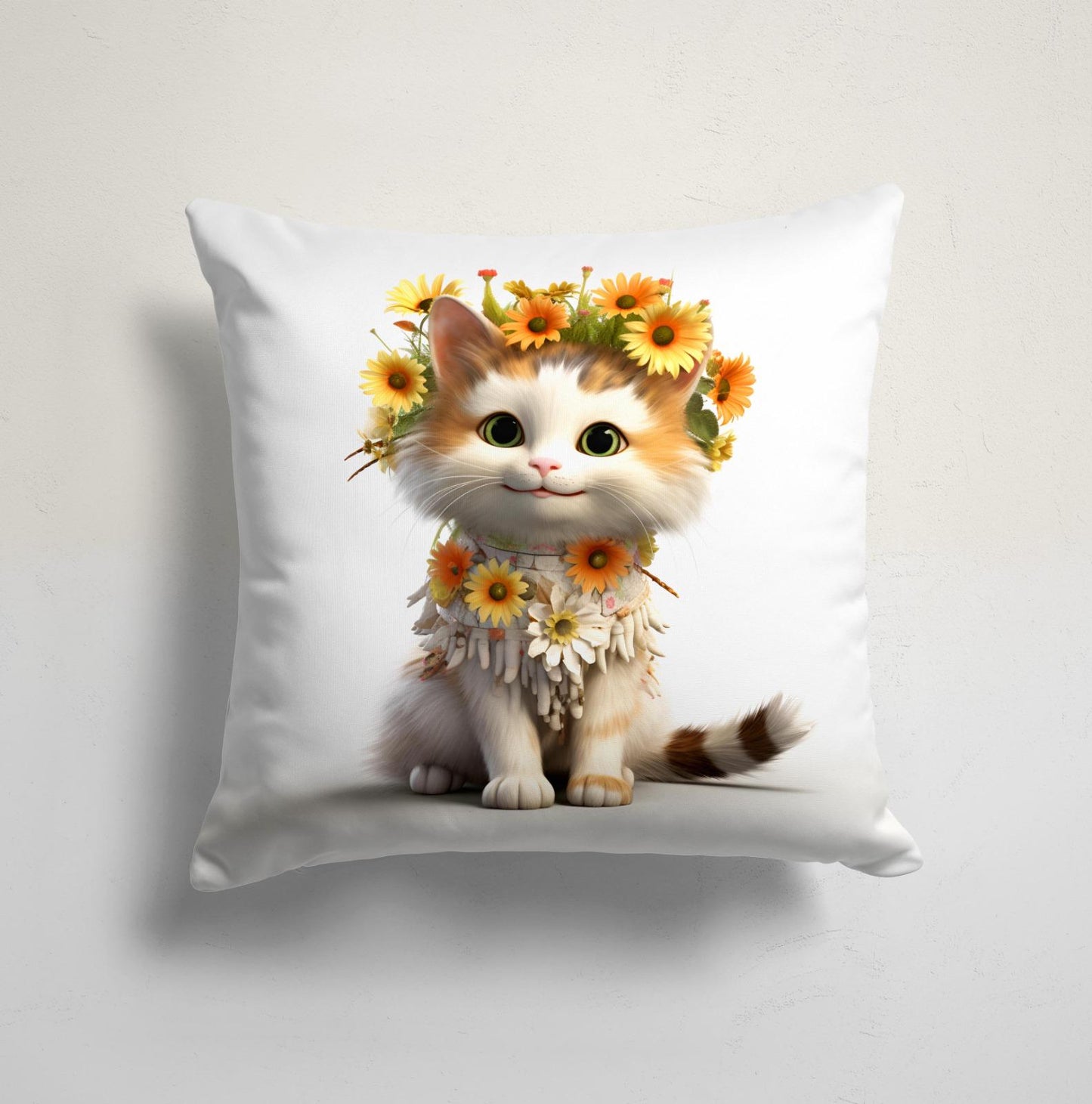 Cute Puppy with Daisy Garland Cushion Cover, Floral Feline Decor