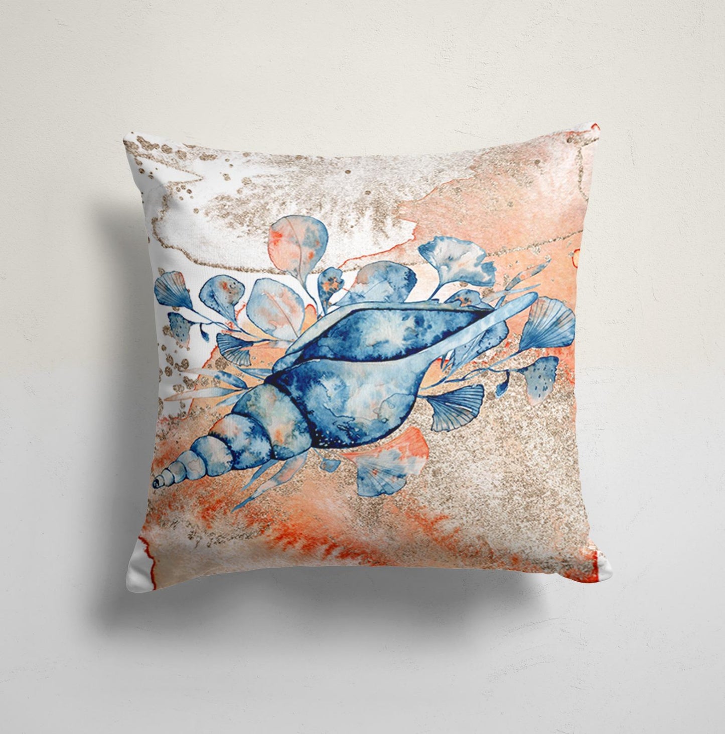 Coastal Shells and Sand Art Cushion Cover,Seahorse and Coral