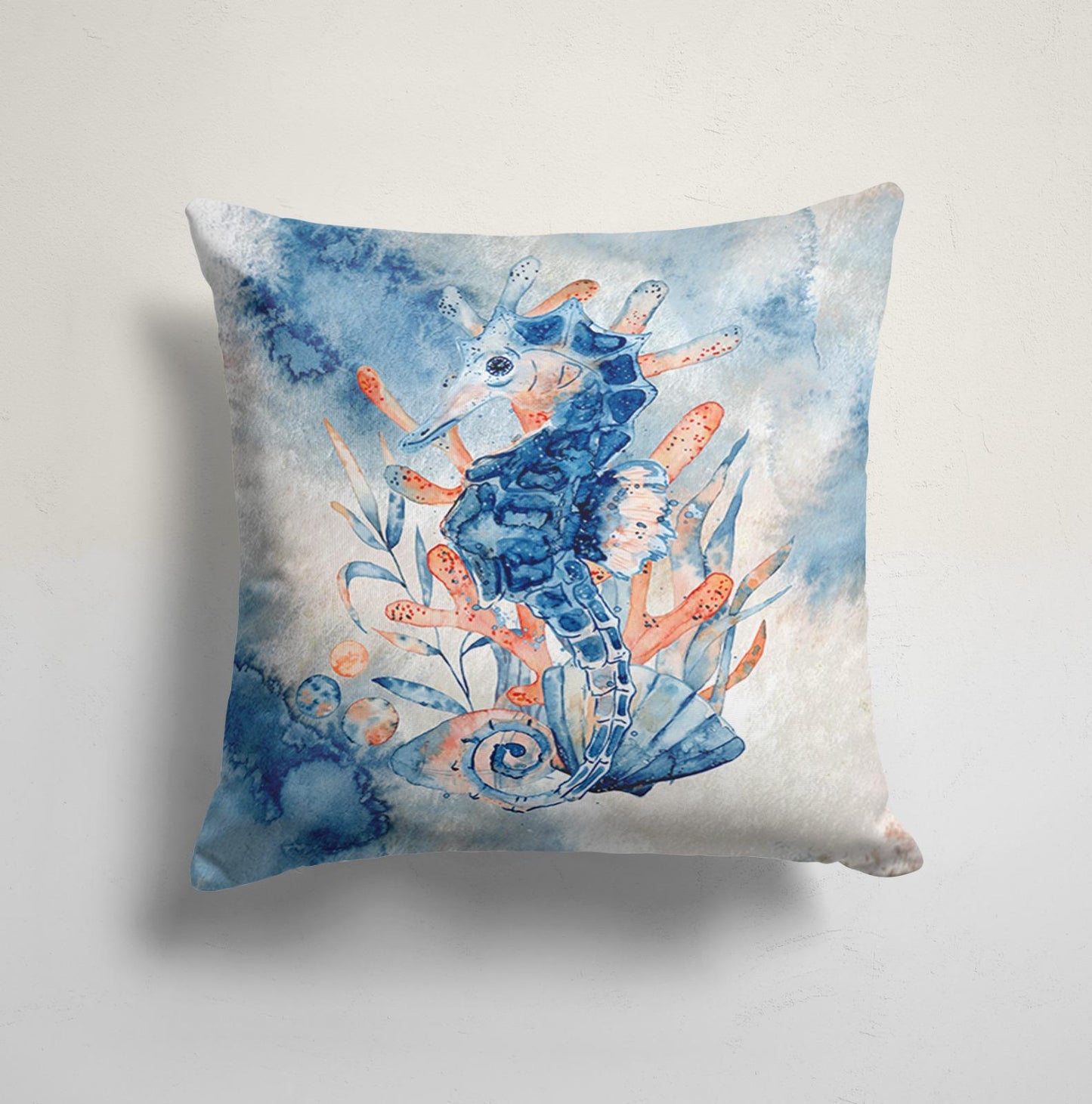 Coastal Shells and Sand Art Cushion Cover,Seahorse and Coral